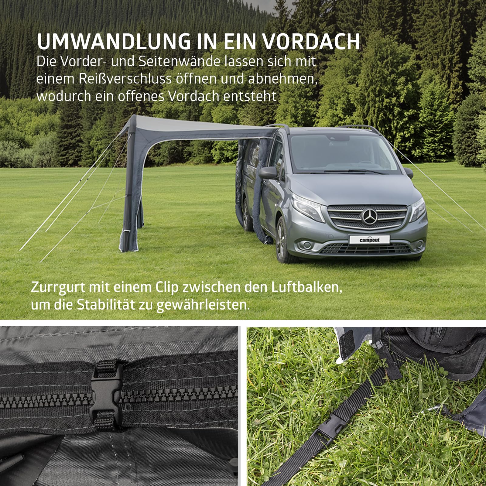 Campout Aufblasbares Busvorzelt für Campervan – 300 x 210 cm – 3000 mm Wassersäule – Anbauhöhe 180-210 cm – Aufbau in 15 Min – Inkl. Pumpe & Sturmabspannleinen