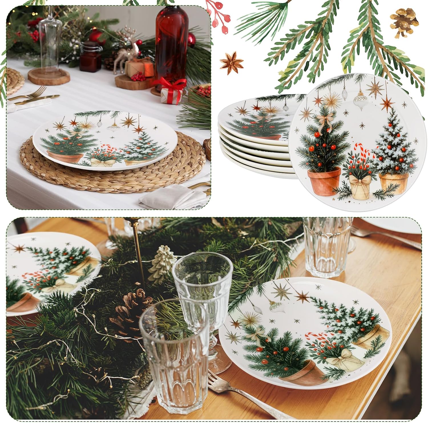 Potchen 6 Pcs Christmas Salad Plate 8" Ceramic Plate, Neutral Xmas Tree | Salad Dessert Appetizer Plates for Winter Party Table, Ceramic Dinnerware Tableware Gift, Festive Holiday Kitchen Decoration