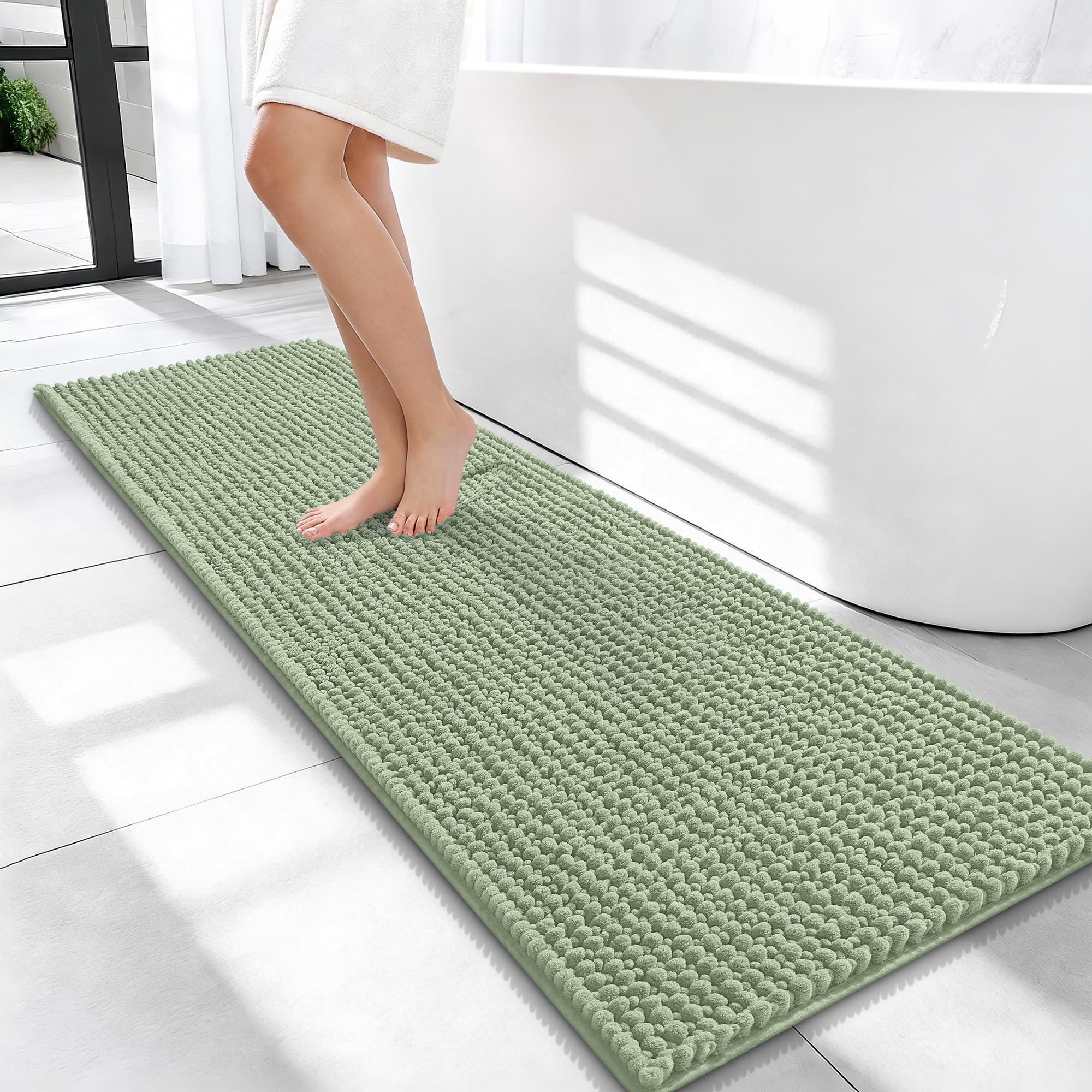 OLANLY Thick Chenille Bathroom Runner Rugs Mats 47x17, Sage Green