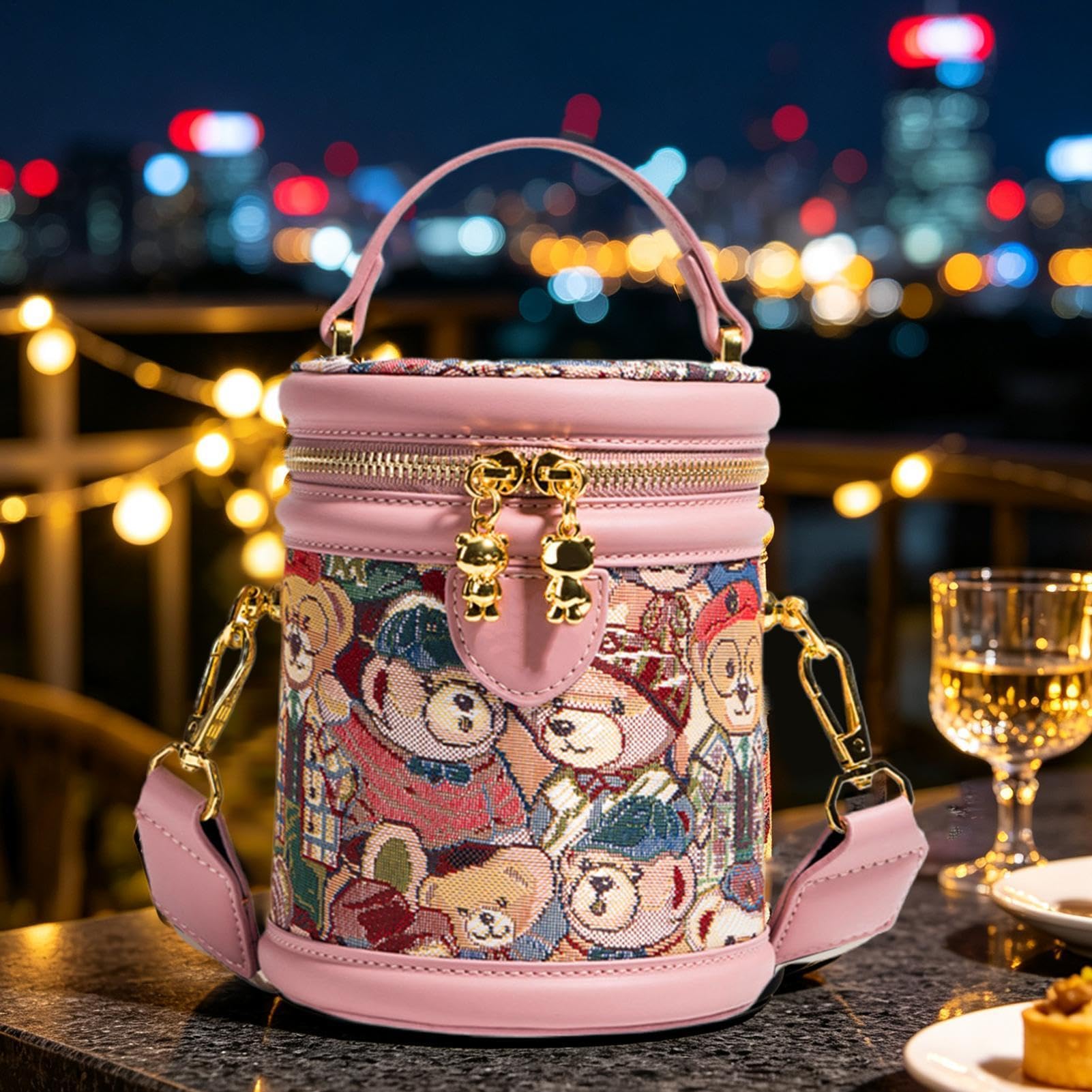Generisch Compact Kleine Bucket, Bag PU Leder, Verstellbar Retro-Bär,