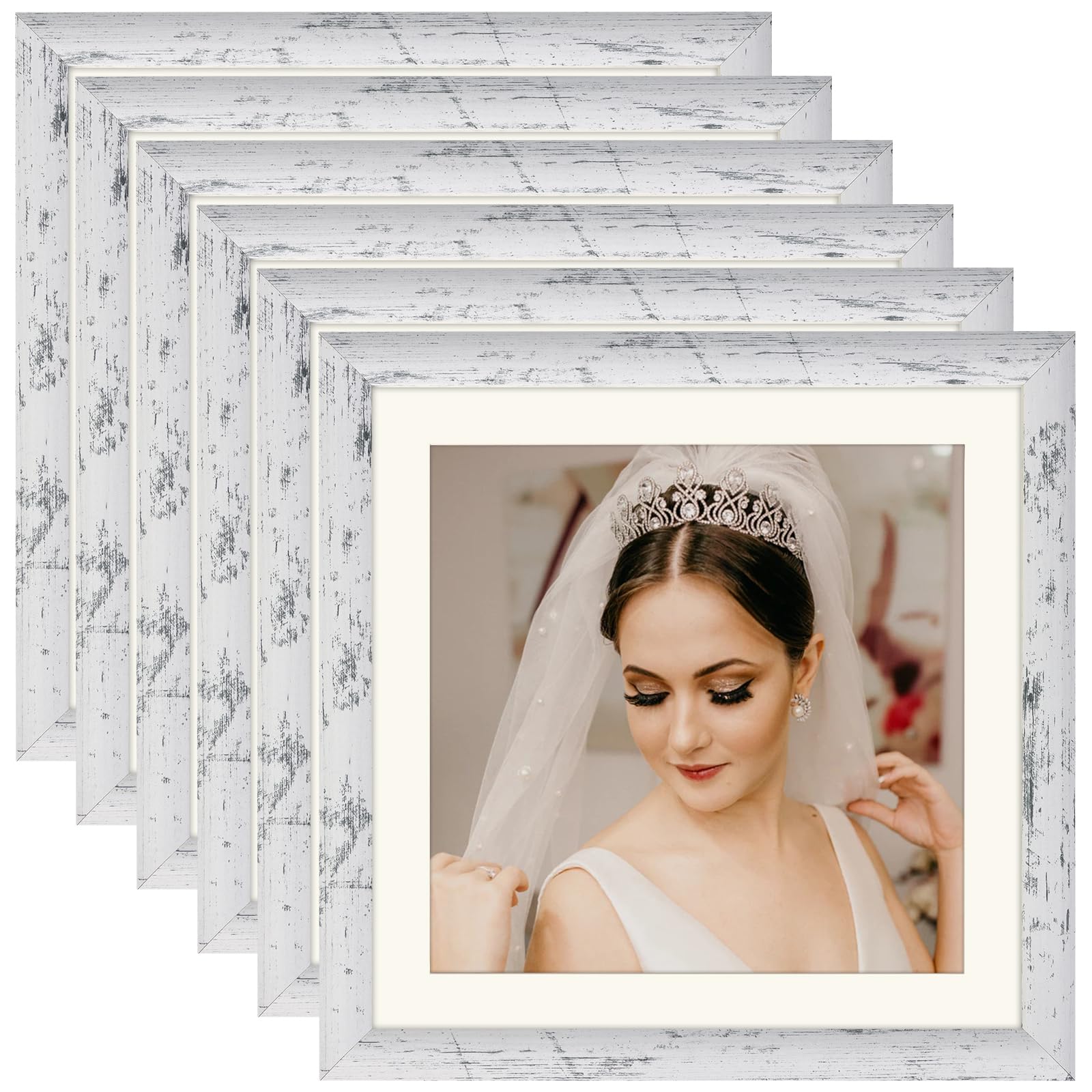 ORIVAN10x10 Picture Frame with 8x8 Mat, Distressed White Photo Frames for Decoration, 6 Pack