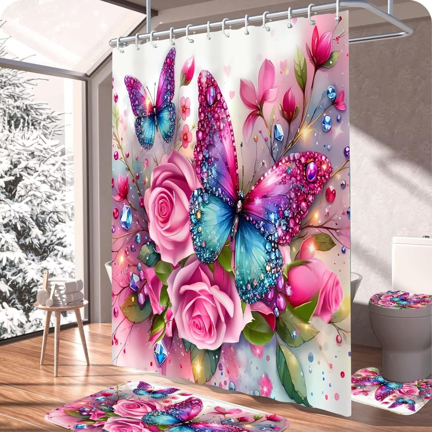 DDQQ 4Pcs Pink Glitter Floral Shower Curtain Set Rose Bathroom Sets Butterfly Diamond Shower Curtain with 12 Hooks Bathroom Decor with Rugs Bath Accessories with Mats Toilet Lid Cover