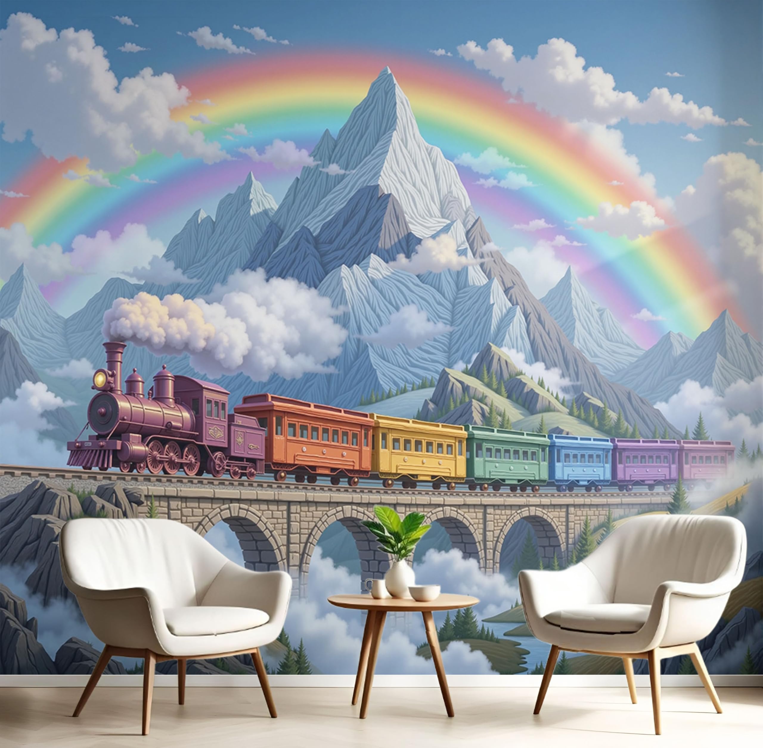 Papier peint panoramique train montagnes enneigées arc-en-ciel poster intissé multicolore