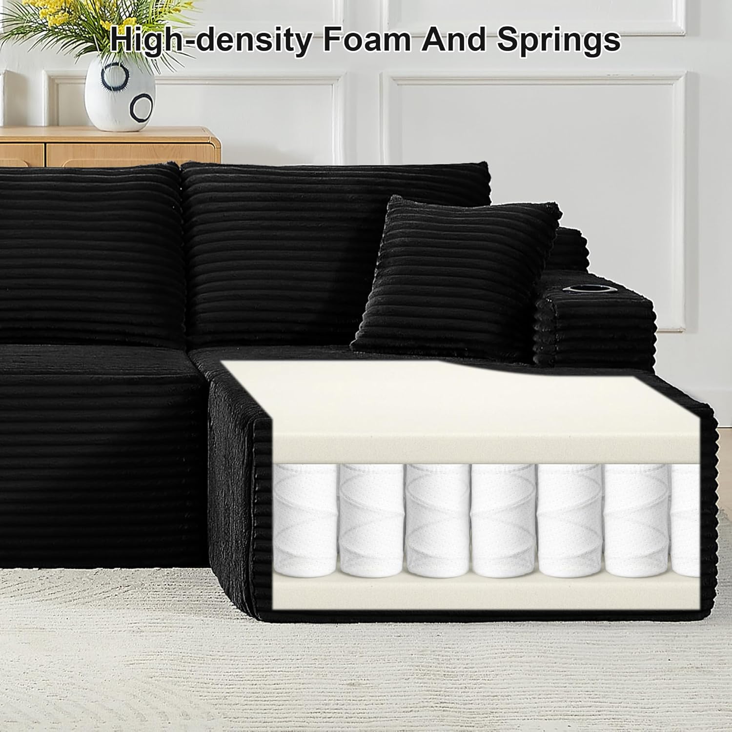 KIVENJAJA 133.5" Black Oversized U Shaped Sectional Cloud Couch, Corduroy Modular Sectional Sofa with Cup Holders & Side Pockets, Modern Deep Seat Boneless Couches for Living Room, Apartment