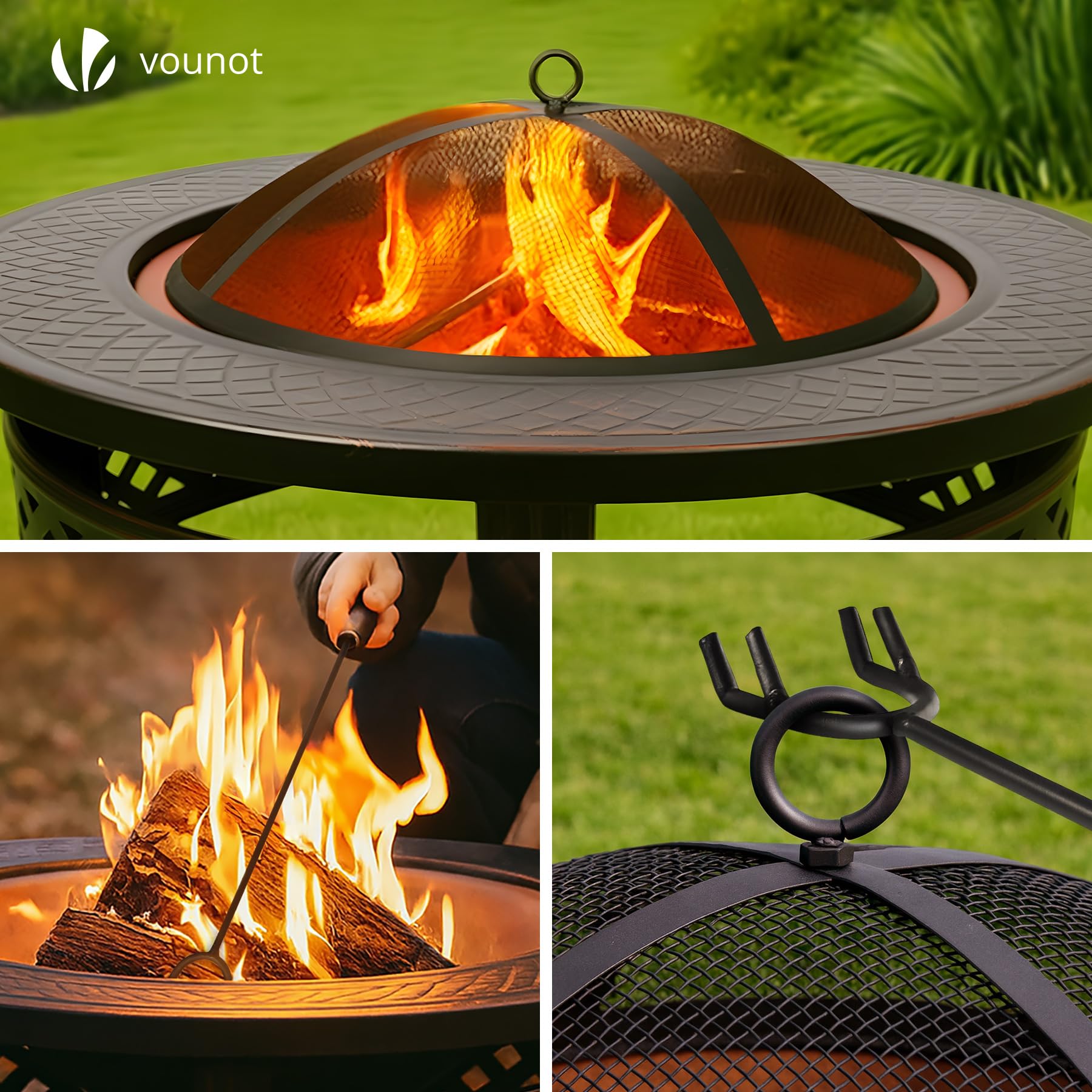 VOUNOT® Feuerschale Ø 81 cm mit Funkenschutz und Schürhaken Metall Feuerkorb Feuerstelle für den Garten, Terrasse, Heizung und Camping, Schwarz