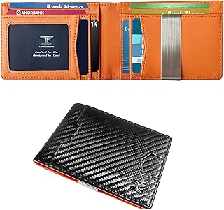 Slim RFID Wallet for Men - 11 Credit Card Holder with ID Window,Money Clip,Ultra-Thin Minimalist Front Pocket Wallet (Black Orange Carbon Fiber) - Gift Box