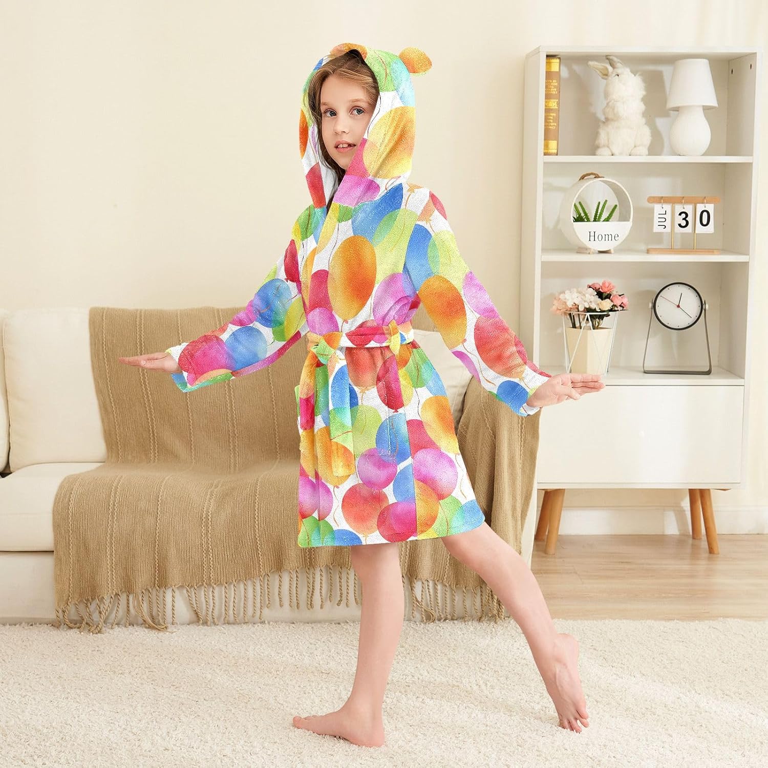 Colorful Balloon Pattern Toddler Hooded Bathrobe for Boys Girls Soft Plush Bath Towel Robe 2-12 Years