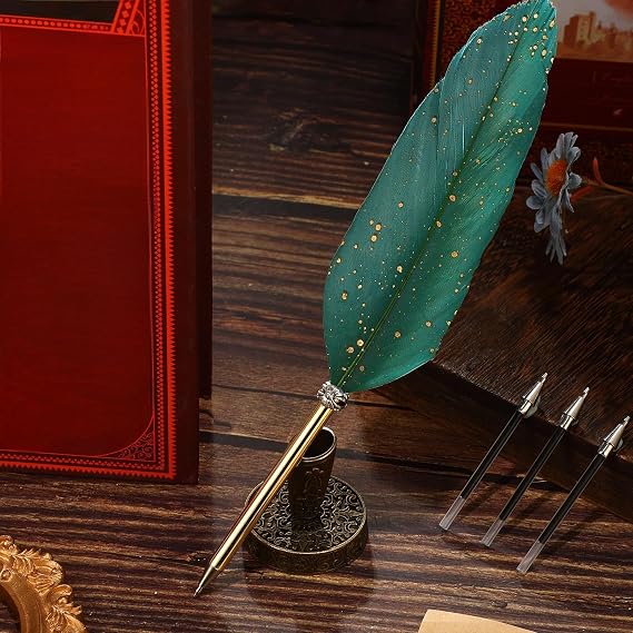 Gersoniel Feather Ballpoint Pen and Vintage Metal Pen Holder, Elegant Style, Atrovirens