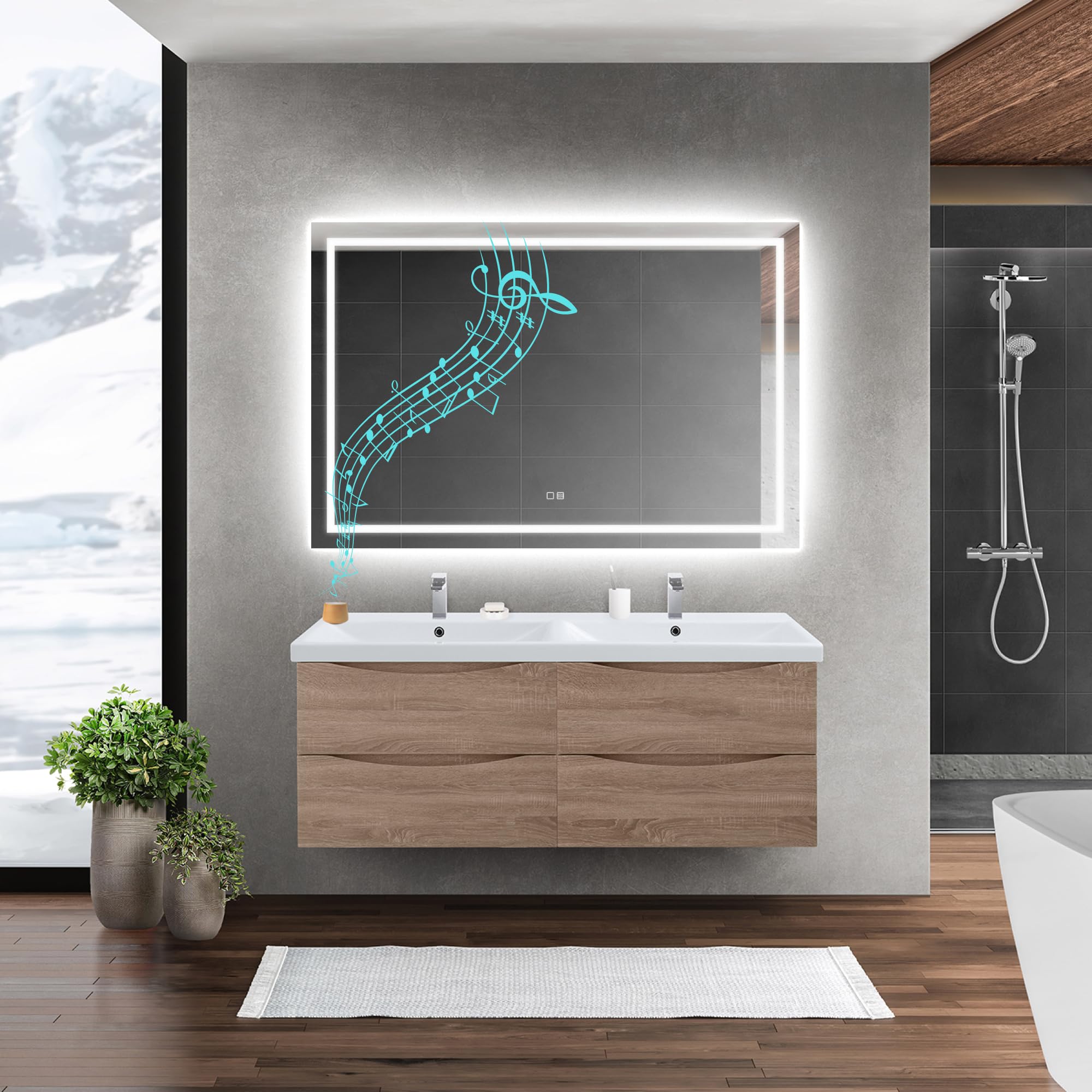 UBUD Espejo de Baño con Luz Led, 120 x 80 cm, Altavoz Bluetooth Portatil, con Interruptor Táctil, Protección IP44, Antivaho, Regulación de Intesidad, Vidrio Anti-estallido, Estilo Moderno.