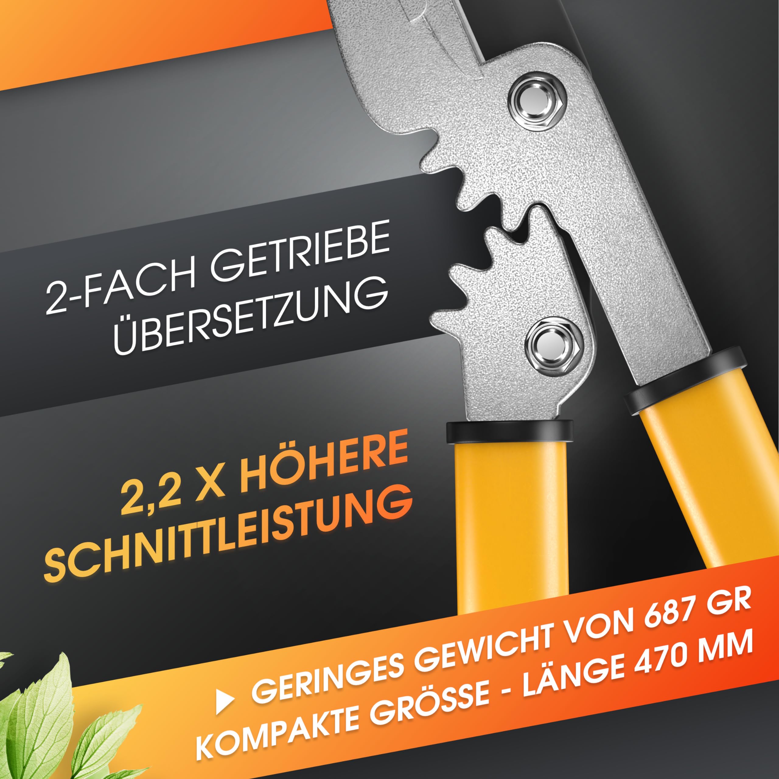 GRÜNTEK GRIZZLY Astschere mit Metall-Amboss, SK5-Stahl & Antihaftbeschichtung – 60mm Klingenlänge, 2-fach-Getriebe Baumschere, Antirutsch-Griffe, ergonomisch, Heckenschere