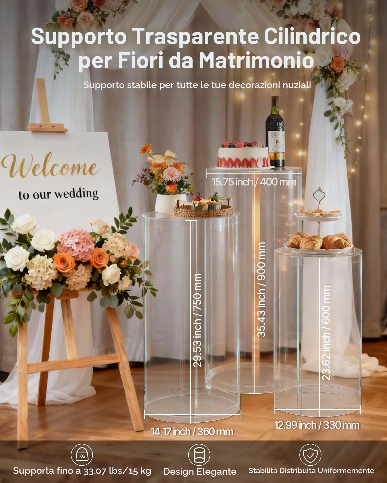 VEVOR Supporto per Fiori da Matrimonio, Zoccolo Cilindrico Rotondo, Supporto Trasparente con Coperchio in Acrilico Trasparente, 3 Pezzi da 60, 75, 90 cm, Supporti Cilindrici per Matrimoni, Feste