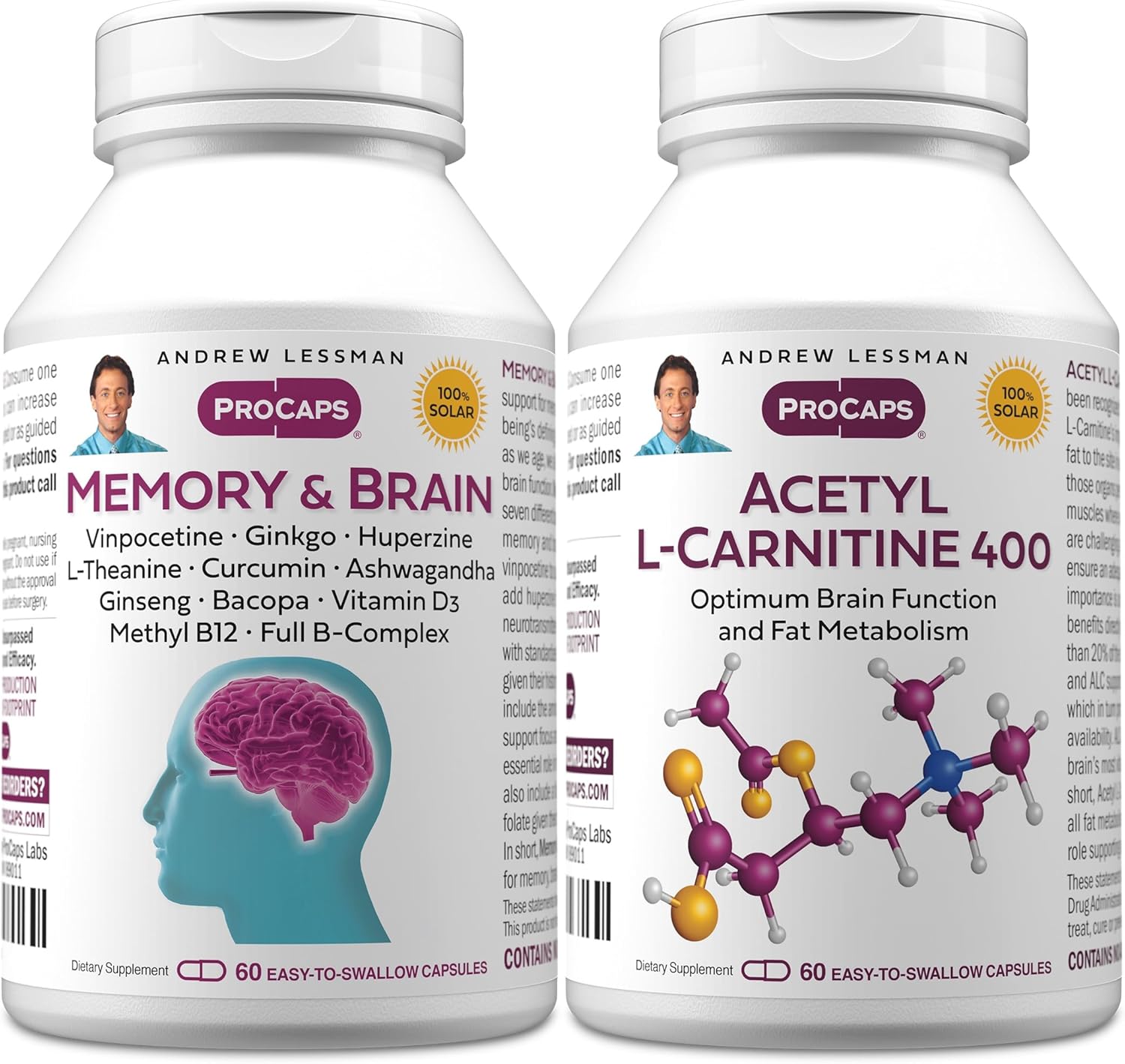 ANDREW LESSMAN Memory & Brain + Acetyl L-Carnitine Kit: 60 + 60 Capsules – Naturally Supports Brain, Memory and Mental Acuity. with Ginkgo Biloba, Bacopa, Curcumin, Ginseng, B-Complex, Vitamin D3