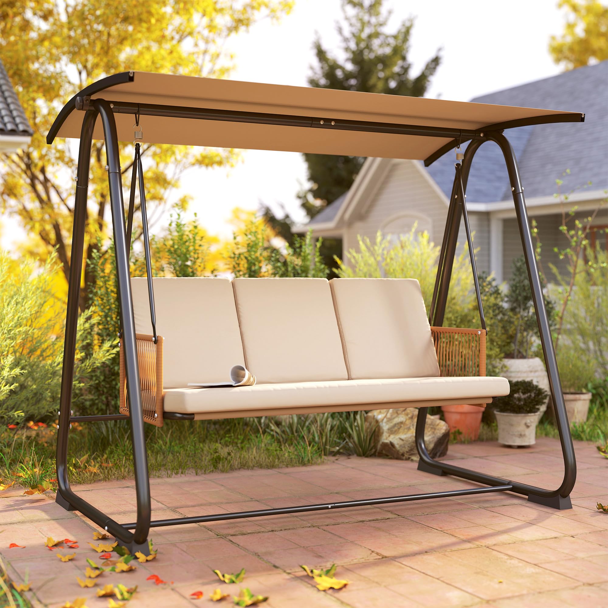 Outsunny Balancelle de Jardin 3 Places Toit Réglable UPF 30+ Acier 360kg Coussin 7cm Banc Suspendu Extérieur Terrasse Sable