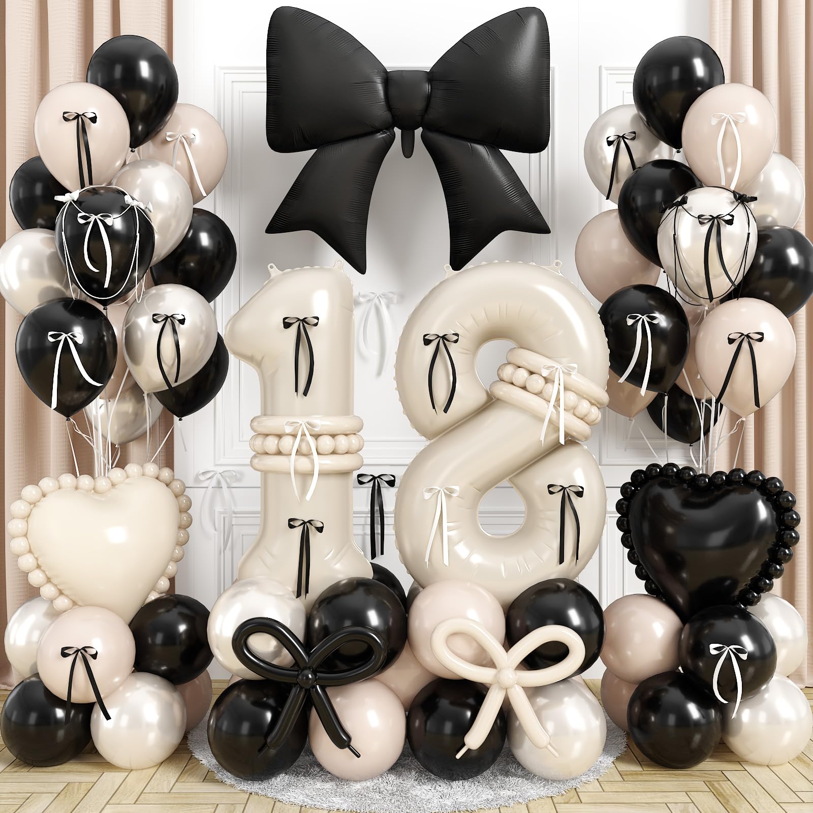Beige Balloon Number 18 for 18th Birthday Decorations Girls, Double Stuff Pearl White Black Cream Balloon with Large Bow Heart Foil Balloons for Coquette 18 Year Old Birthday Anniversary Party Decor — image 1