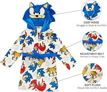 Sonic & Super Mario Fleece Kids Hooded Robe - Super Soft Plush Bathrobe for Boys with Adjustable Tie - Official Product
