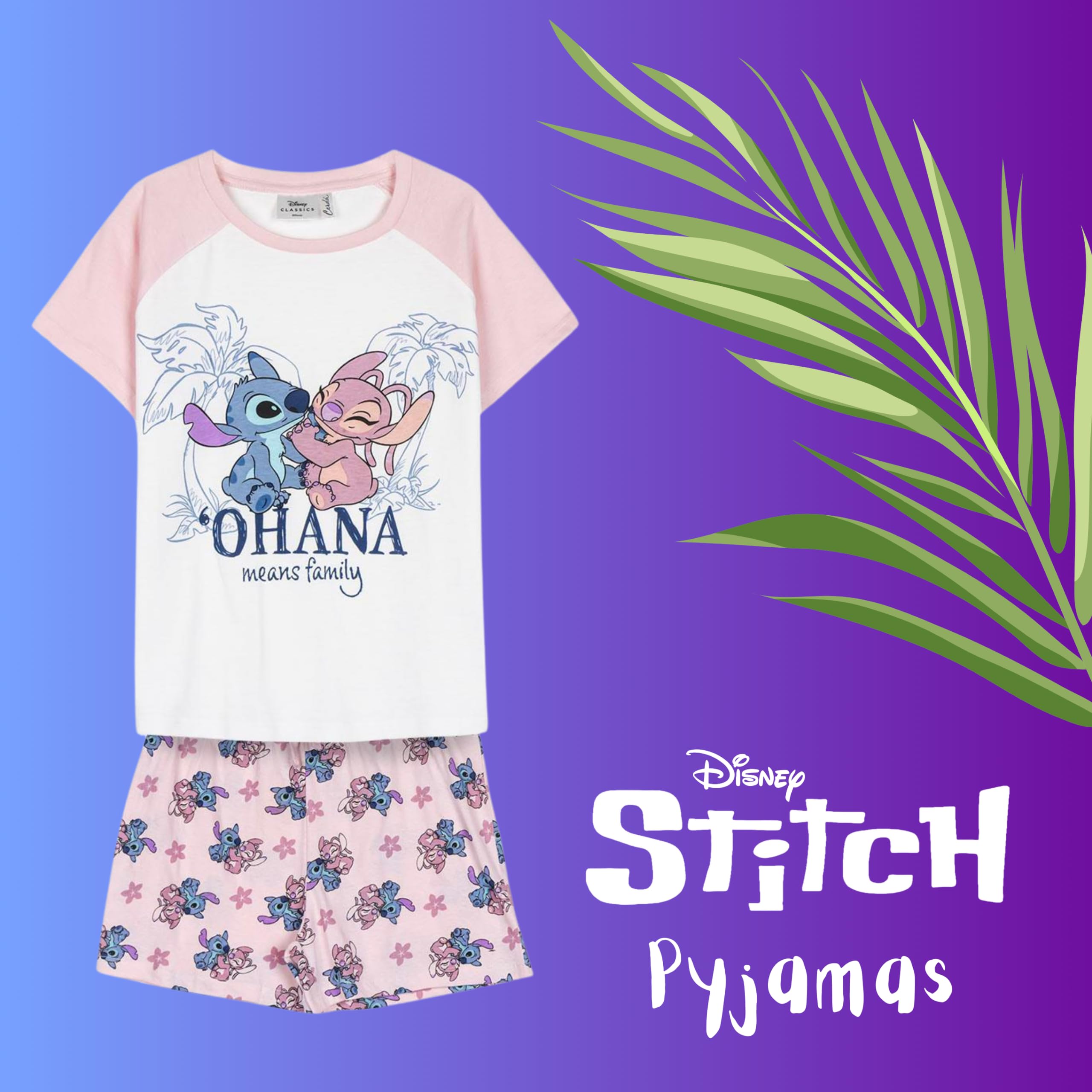 Disney Stitch T-Shirt et Short pour Fille, Pyjama en Coton Doux, Ensemble D'été 2 Pièces Stitch et Angel, Tailles 8 à 14 Ans
