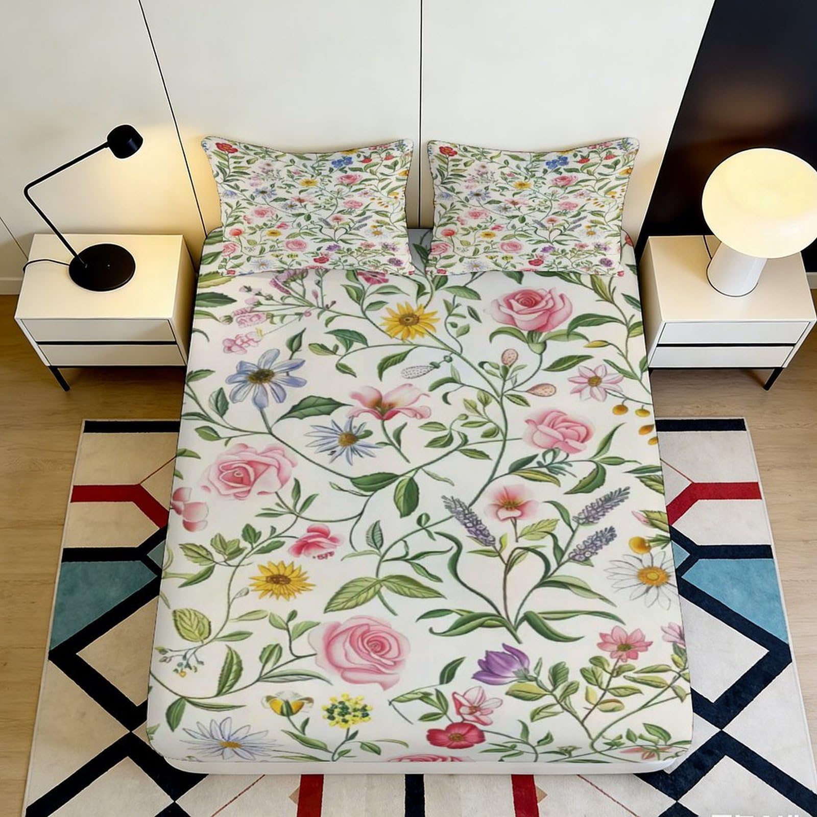 3D Printed Botanical Garden Fitted Sheet Microfiber Colourful Floral Meadow Mattress Cover for Bedroom Guestroom Decor 90x200x25cm