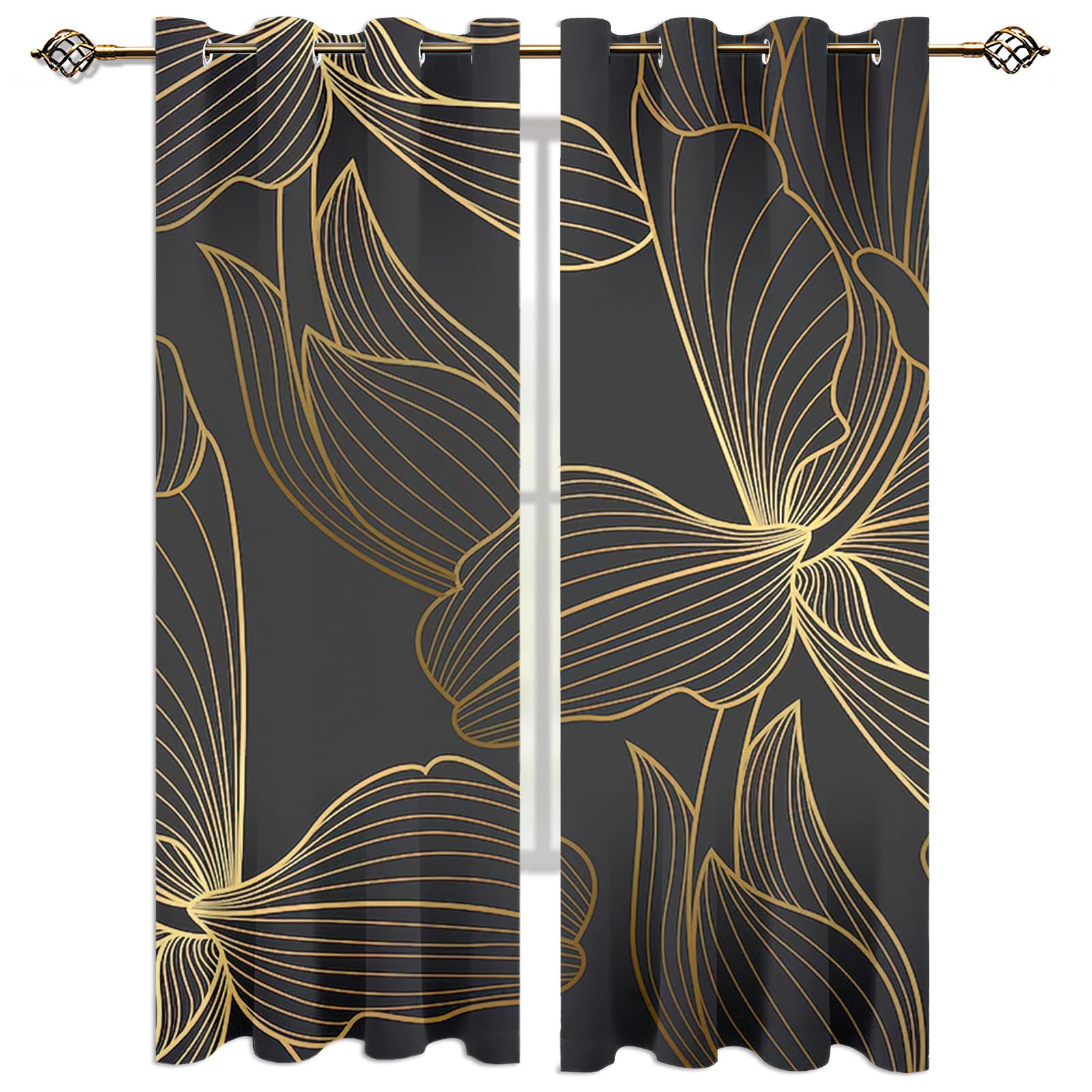 Cortinas Opacas Cortas Salon Dormitorio Modernas Para Ventanas Flores De Línea Negra Y Dorada Estampadas 2 Piezas Con Ojales 140X160Cm Cortinas Opacas Termicas Aislantes Frio Y Calor Infantil Juven
