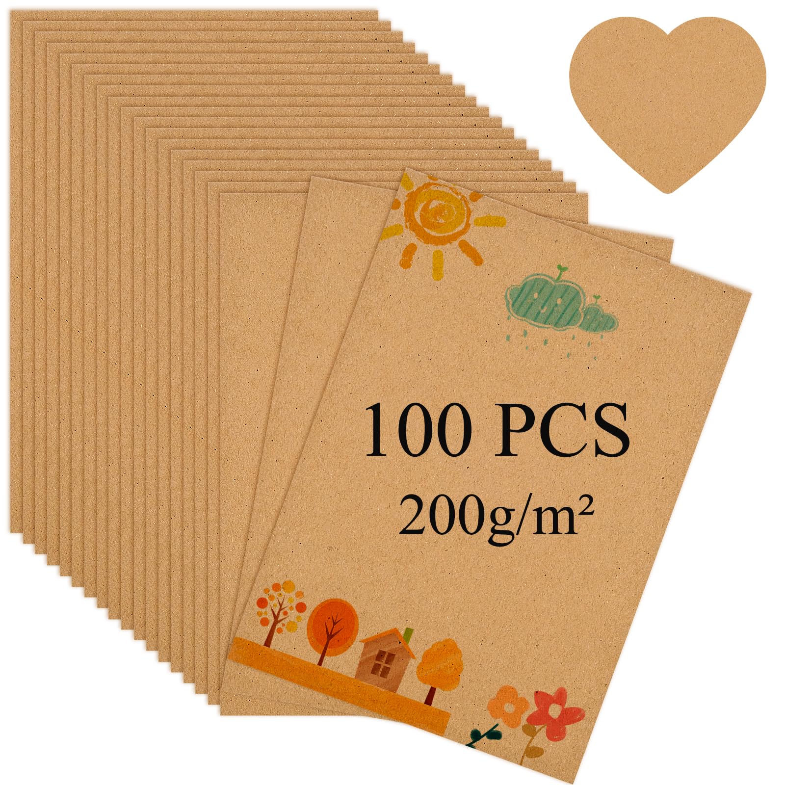 WuGU 100 Hojas Papel Kraft A4, Tarjetas de Papel Kraft de 15 x 10 cm, 200 g/m², Cartulina Kraft A4, Papel Kraft de Artesanía y Cartón Natural para DIY, Invitaciones de boda,Tarjetas Agradecimiento