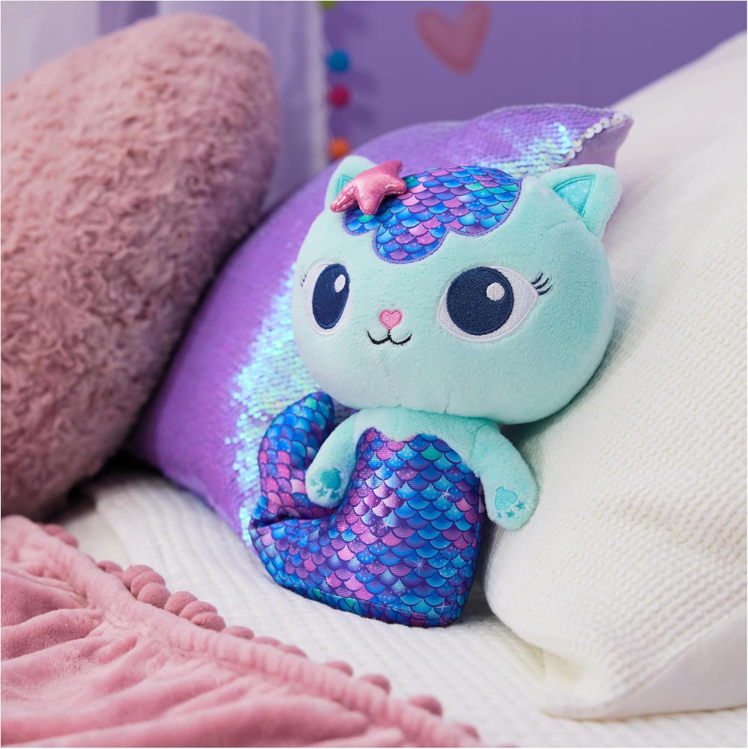 Gabby's Dollhouse, Mercat 25 cm Plush Cat (Meerkitty), Premium Plush Toy with Moving Mermaid Fin, Suitable for Children from 3 Years
