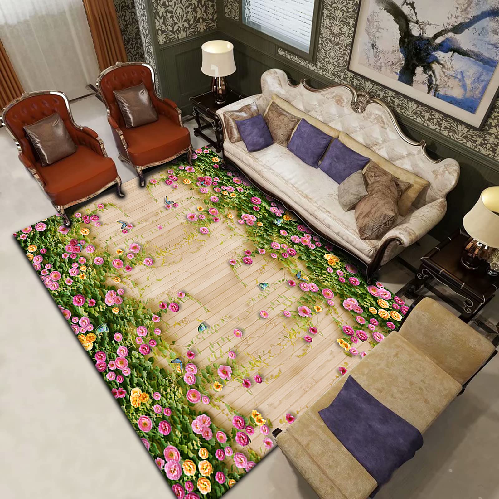 Tapis antidérapant à poils longs salon au motif floral vintage moderne
