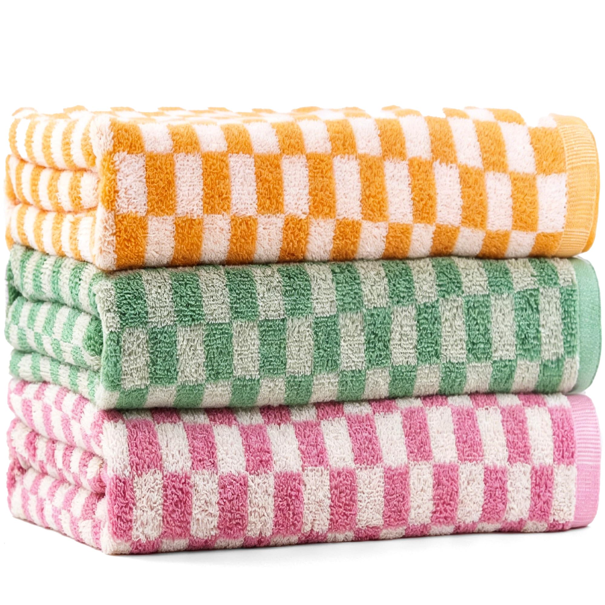 Photo 1 of CinGiiCo Checkered Bath Towels Set of 3, 100% Cotton Bath Towels Large, 600GSM, 55 * 28 in, Luxury Shower Towels for Bathroom, Soft Absorbent Quick-Dry?Orange+Dark Green+Pink?