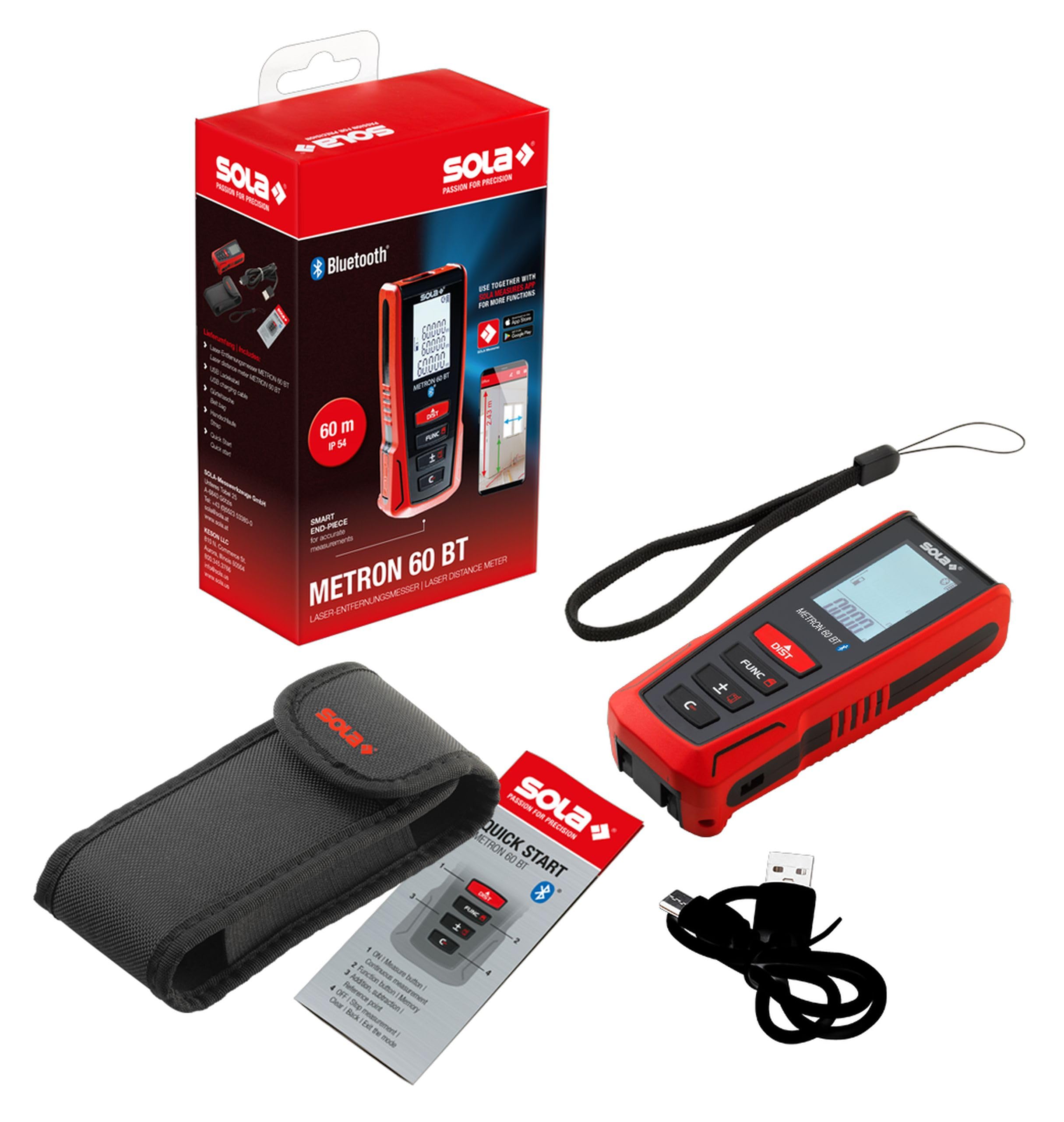 SOLA METRON BT - Laser Entfernungsmesser 30m, 60m, 80m, 120m – Distanzmesser Laser mit Bluetooth Datentransfer - Laser Messgerät mit umfangreichen Messfunktionen