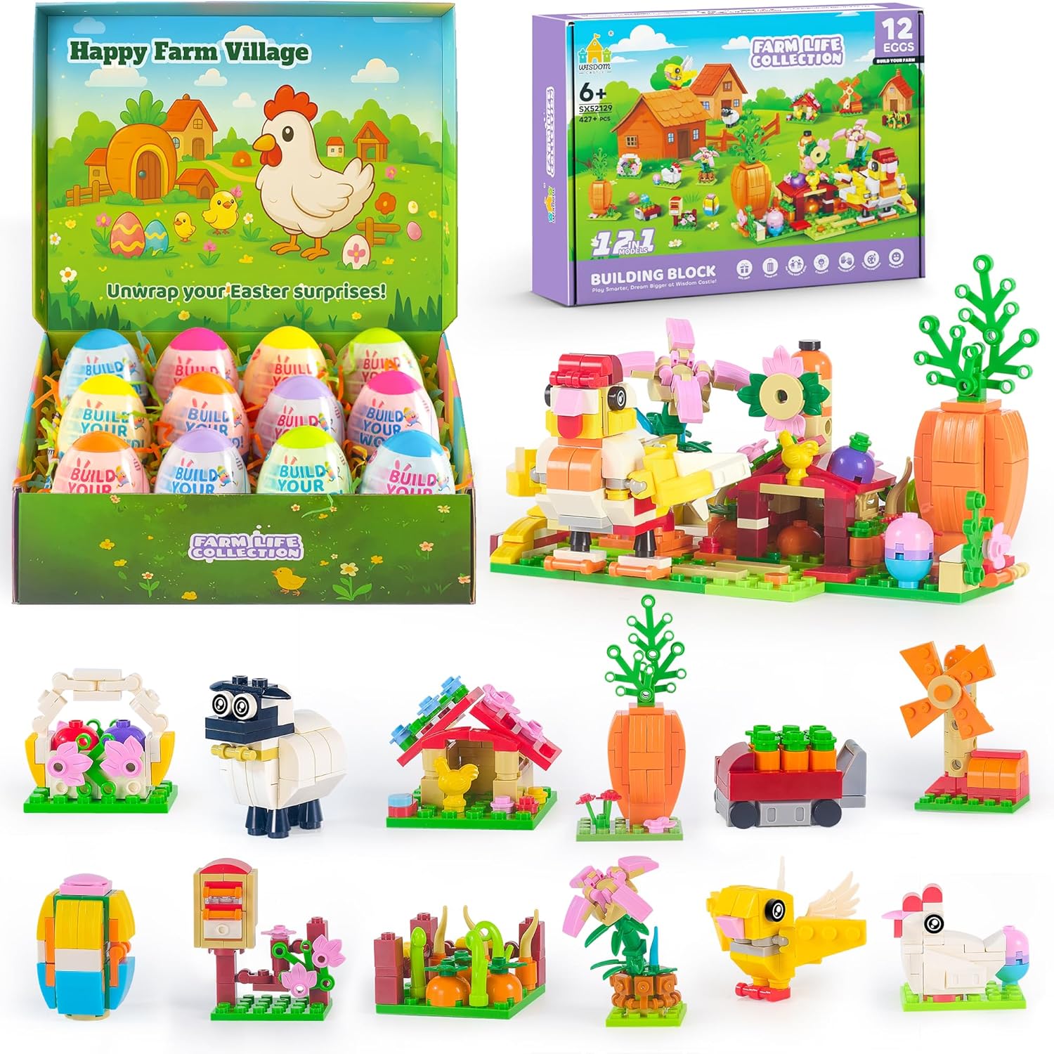 2026 New Easter Gifts Building Set for Kids -12-in-1 Happy Farm Village Building Toy with Prefilled Eggs, Easter Basket Stuffer & Decorations for Boys & Girls 6+, with Farm Animals, Hen & Carrot House