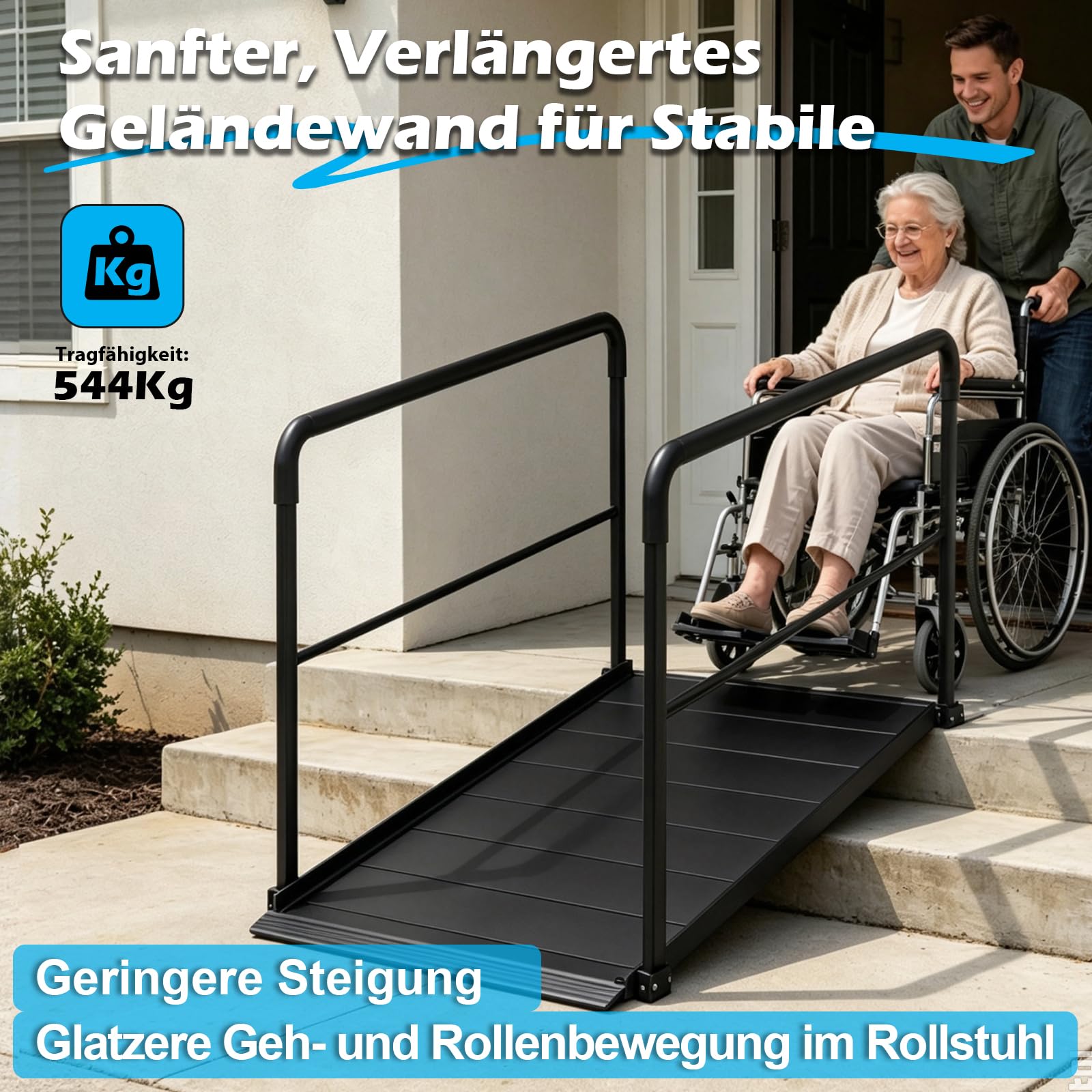 4FT‑Rollstuhlrampe mit Handläufen, 544 kg, rutschfest