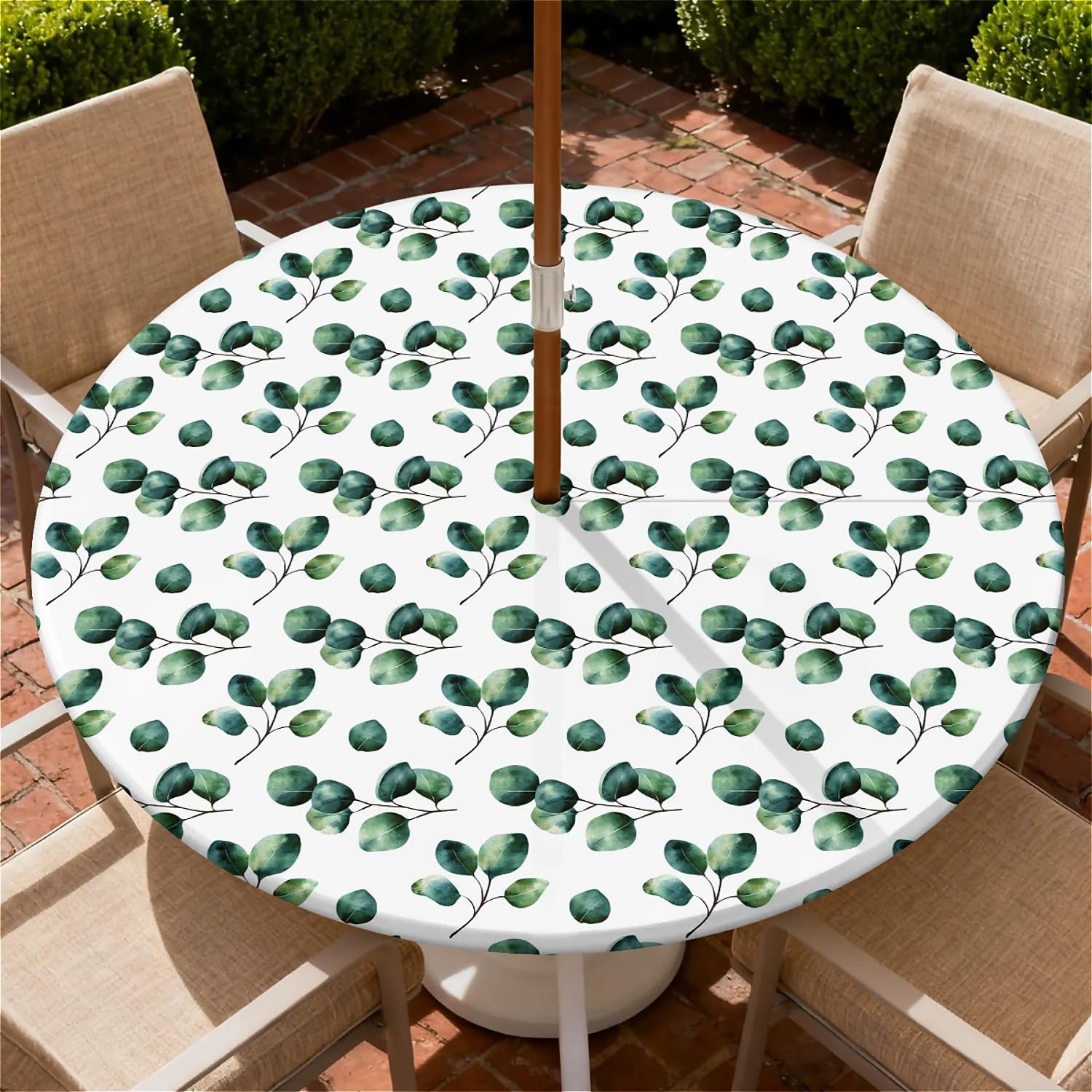 artslion Outdoor Round Table Cloth with Umbrella Hole & Zipper, Fitted Table Cover Elastic Edge Waterproof Tablecloth for Garden Patio & Dining Table (60" Leaves
