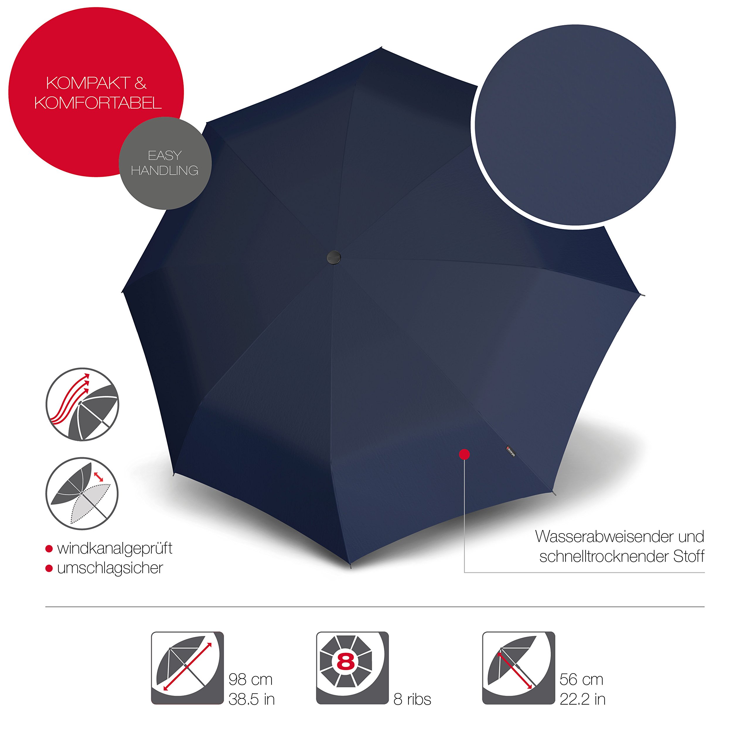 Knirps - Ombrello tascabile T.200 Duomatic Solids - A scomparsa automatica - Pieghevole - Resistente alle intemperie - Antivento - Navy