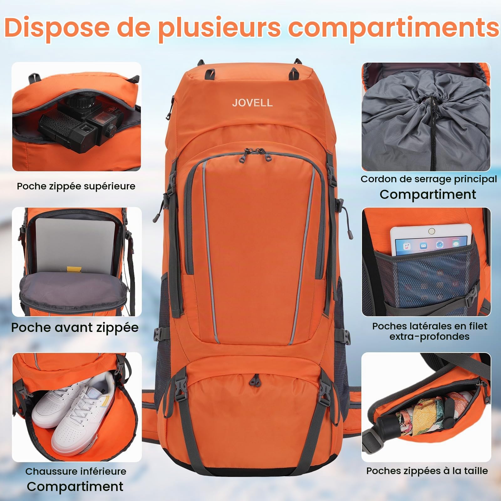 Sac à Dos de Randonnée 70L avec Couvre-pluie, Imperméable pour le Camping et le Voyage. Idéal pour les Sports Outdoor, l'Escalade, le Trekking et la Randonnée. Bagage Homme et Femme (Orange)