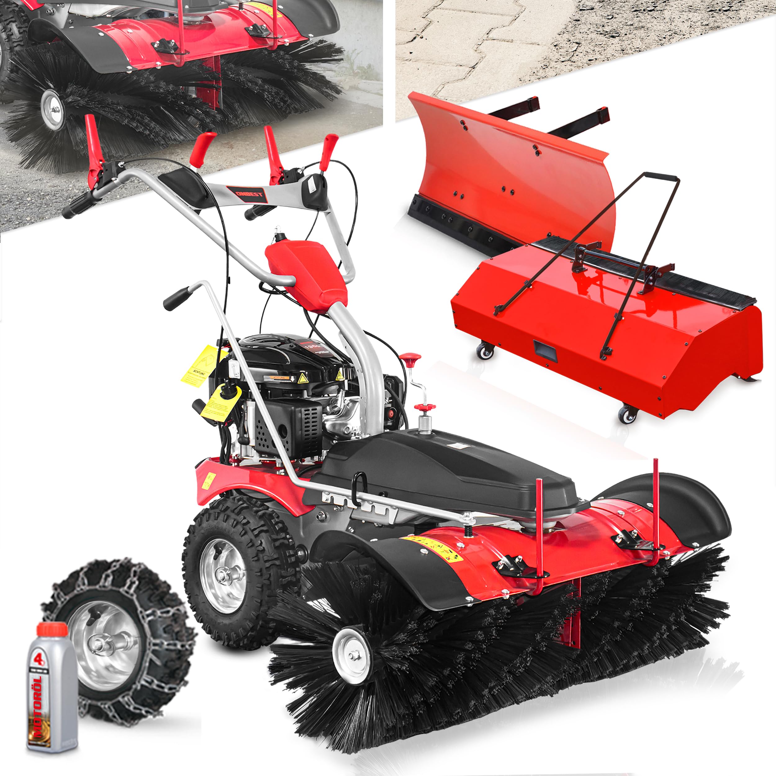 ONBEST Benzin Kehrmaschine 100 cm – mit Auffangbox & Schneeschild | 196 cm³ Motor, TÜV Rheinland geprüft, GS-Zertifikat – für große Außenflächen, Schmutz und Schneeräumen
