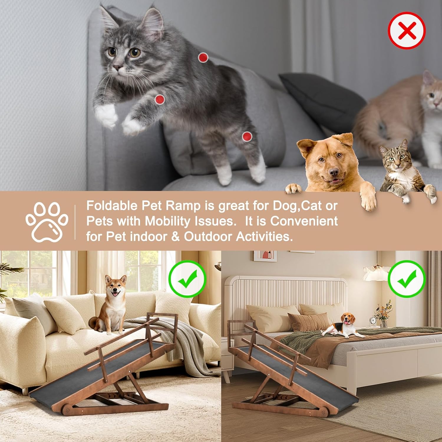 SLSY Dog Ramp for Beds & Couches, Folding Adjustable Pet Ramp with Non-Slip Rubber Mat, 55" Long, 5 Heights (15.7"–27.5"), Wooden Ramp Supports Up to 220 lbs for Dogs & Cats (Brown)