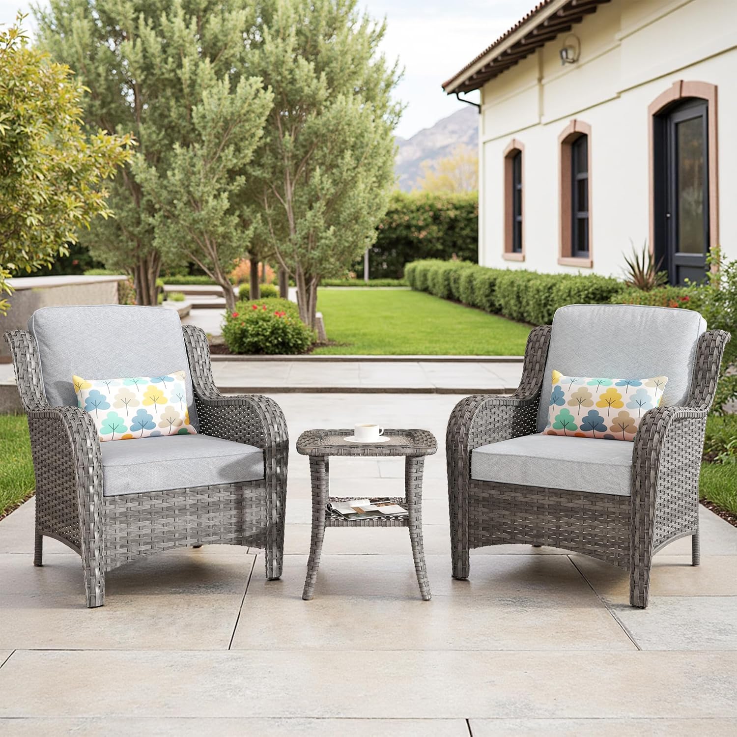 ovios 3 Pieces Patio Chairs with Side Table, Outdoor Wicker Armchairs of 2 with Corner End Table, High Back Porch Bistro Set with Comfy Cushions, Grey Rattan, Grey