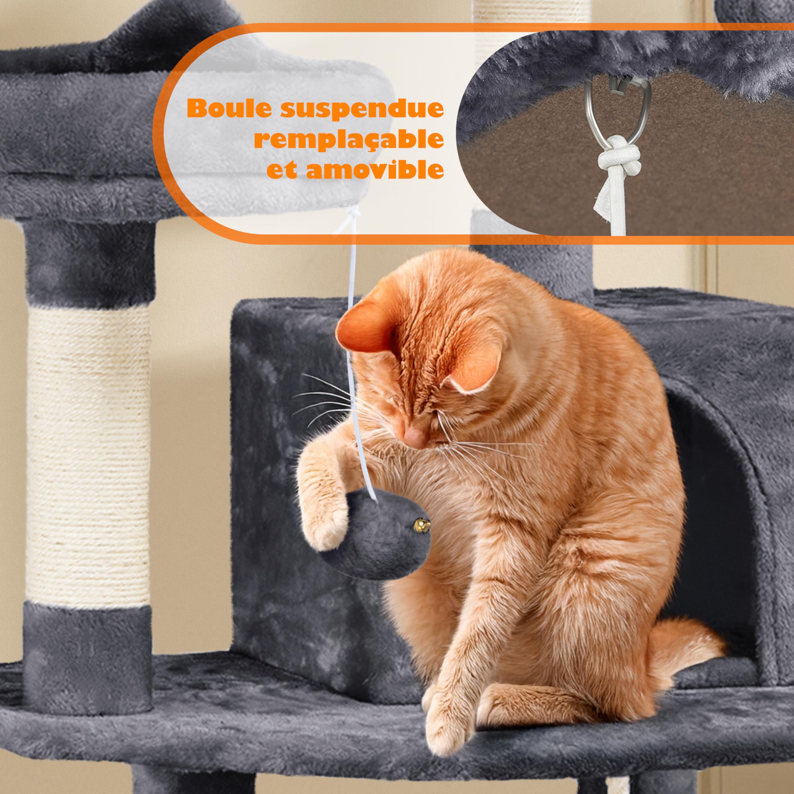 Yaheetech Arbre à Chat 158 cm, Tour de Jeux pour Chat, avec 5 Poteaux à Griffer/2 Niches/2 Plate-Formes/1 Hamac Gris Foncé