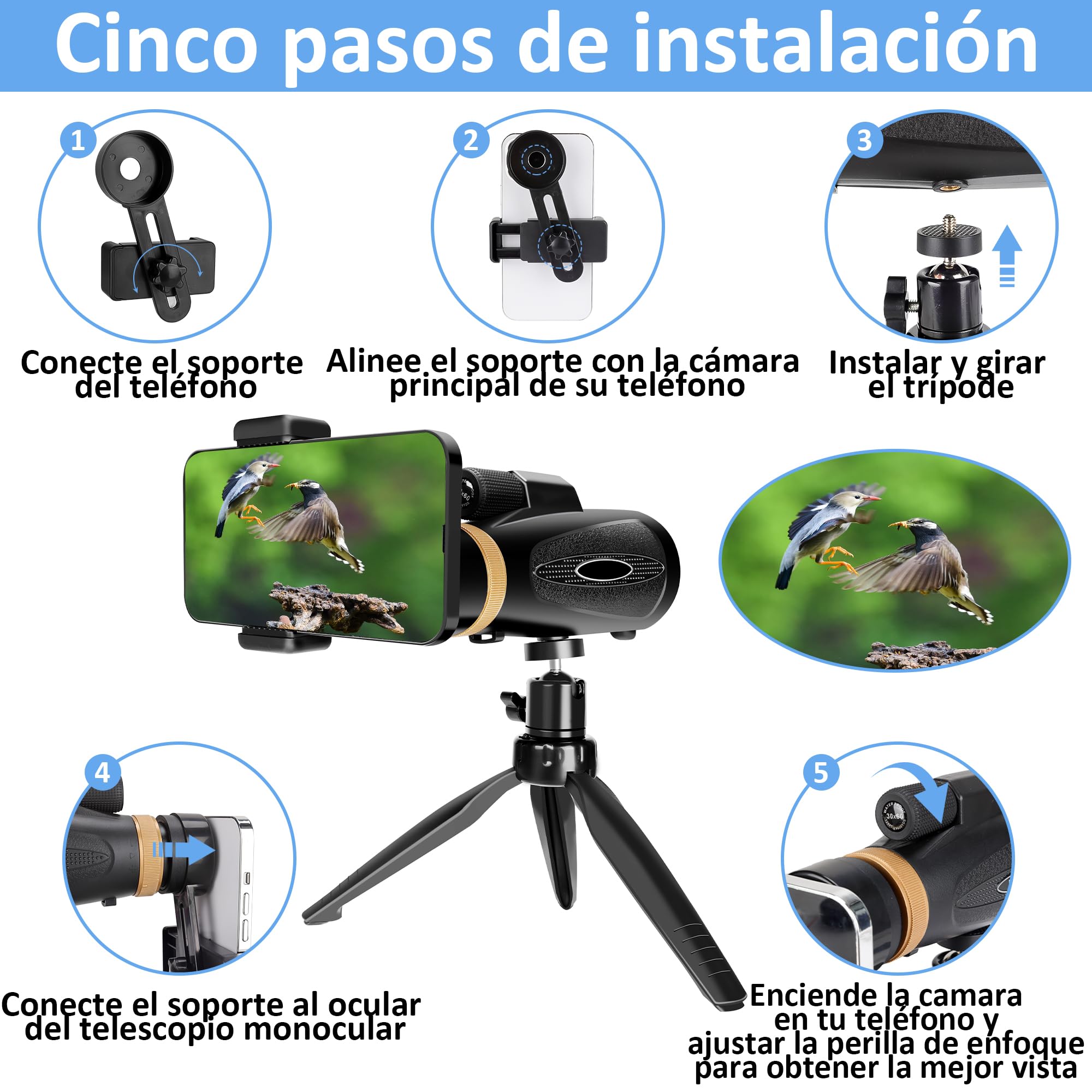 8X42 Telescopio Monoculares de Largo Alcance - Black | FMC y prisma BAK4 premium con Soporte para Teléfono Inteligente Trípode,Monoculares Portátil Para Observación de Aves