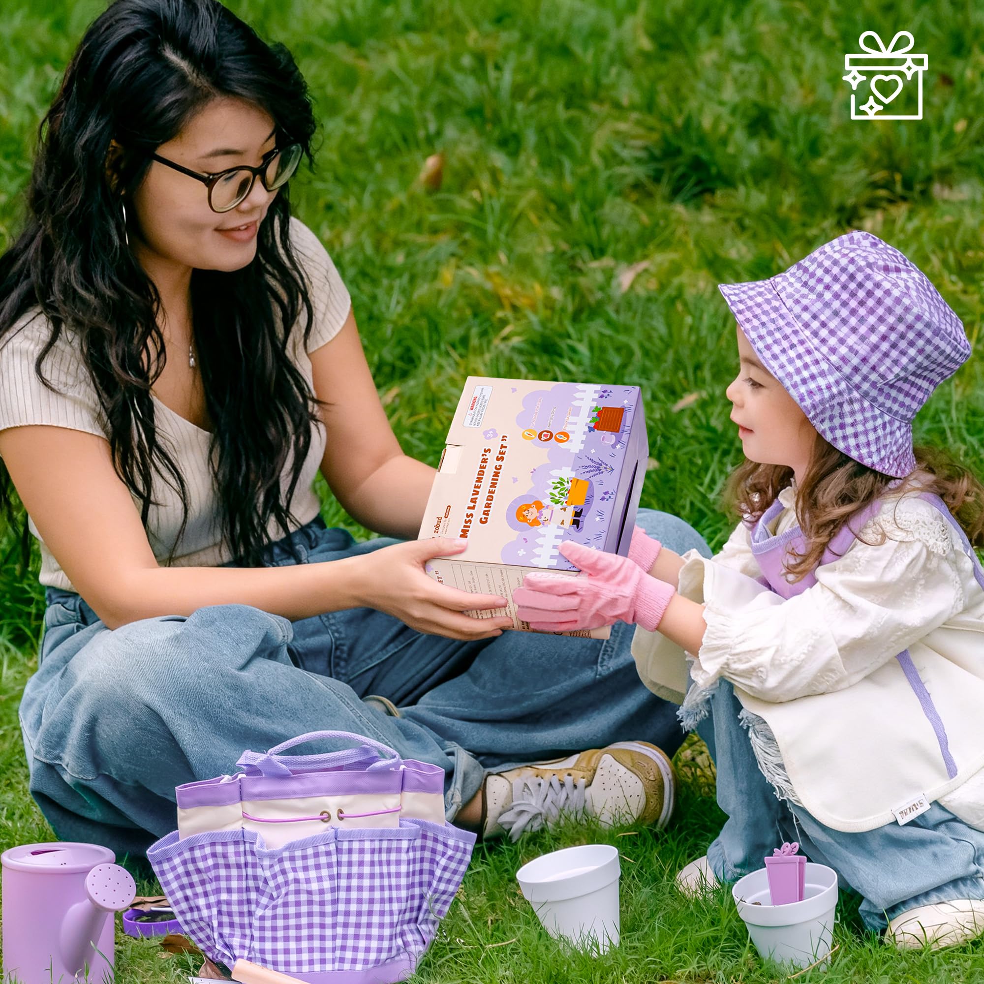 ROBUD Set da giardinaggio per bambini, 17 pezzi, con annaffiatoio per bambini, grembiule, forchetta e pala da giardino, paletta cilindrica, guanti da giardinaggio e borsa tote, giocattoli da giardino