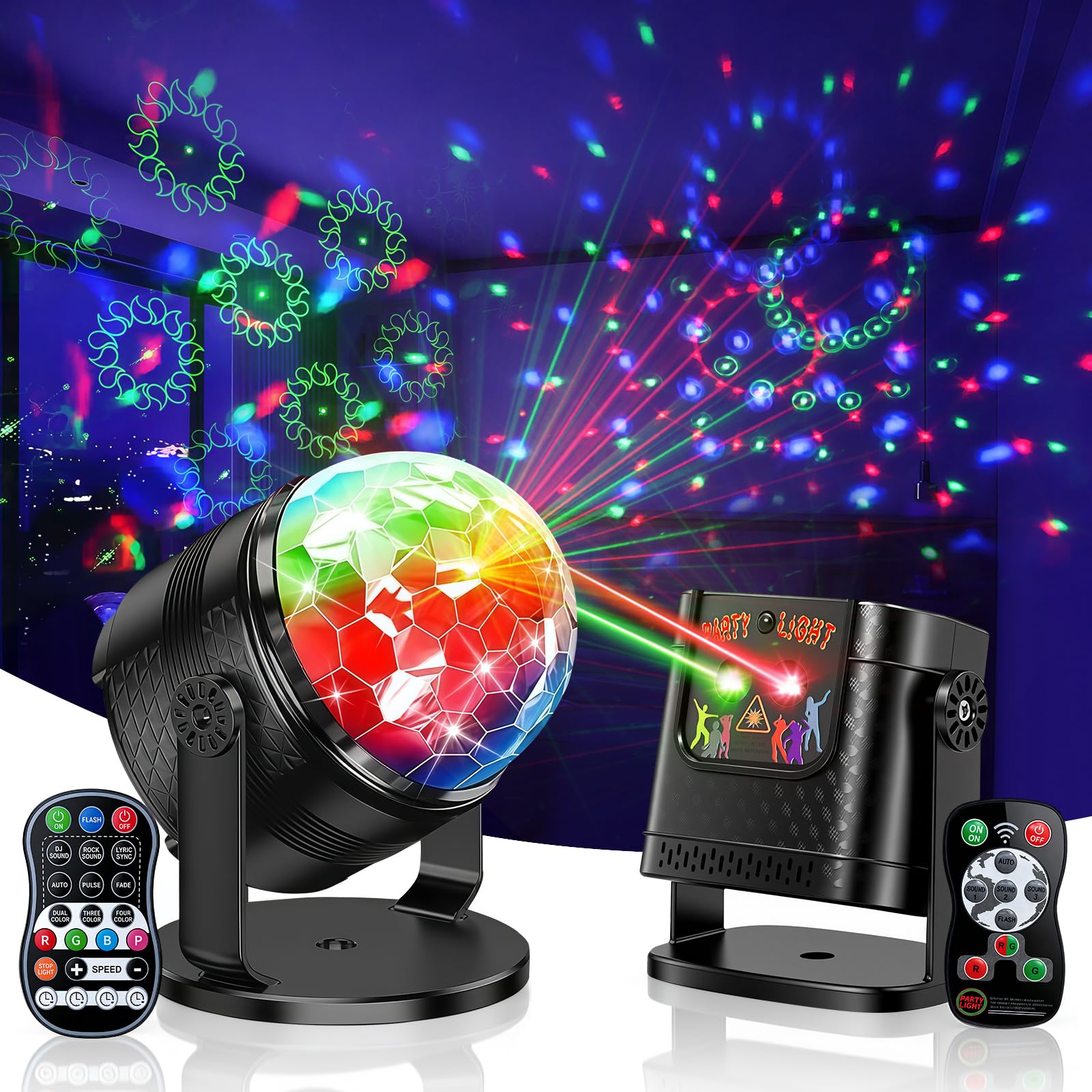 Luci da Discoteca per Feste, Palla Disco Rotante 360° + Luci Palco con Controllo Musicale, Luce Discoteca RGB con Telecomando per Party, Compleanno, Karaoke, Natale, Halloween (2 Pezzi)
