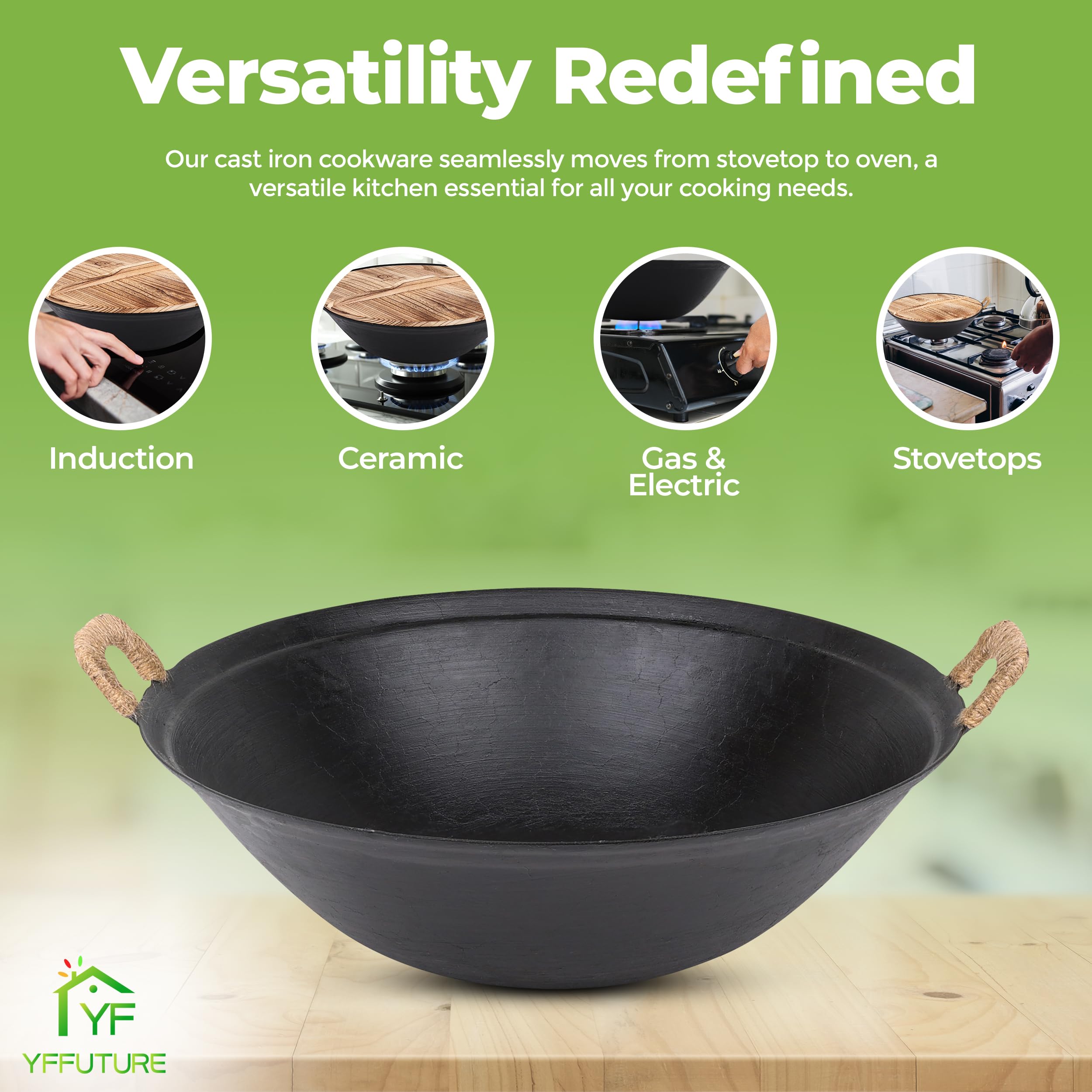 Wok in ghisa pre-stagionato, 36 cm, fondo piatto, antiaderente, con coperchio in legno, ottimale per elettrico e induzione, ritenzione del calore superiore, durevole per una cottura versatile