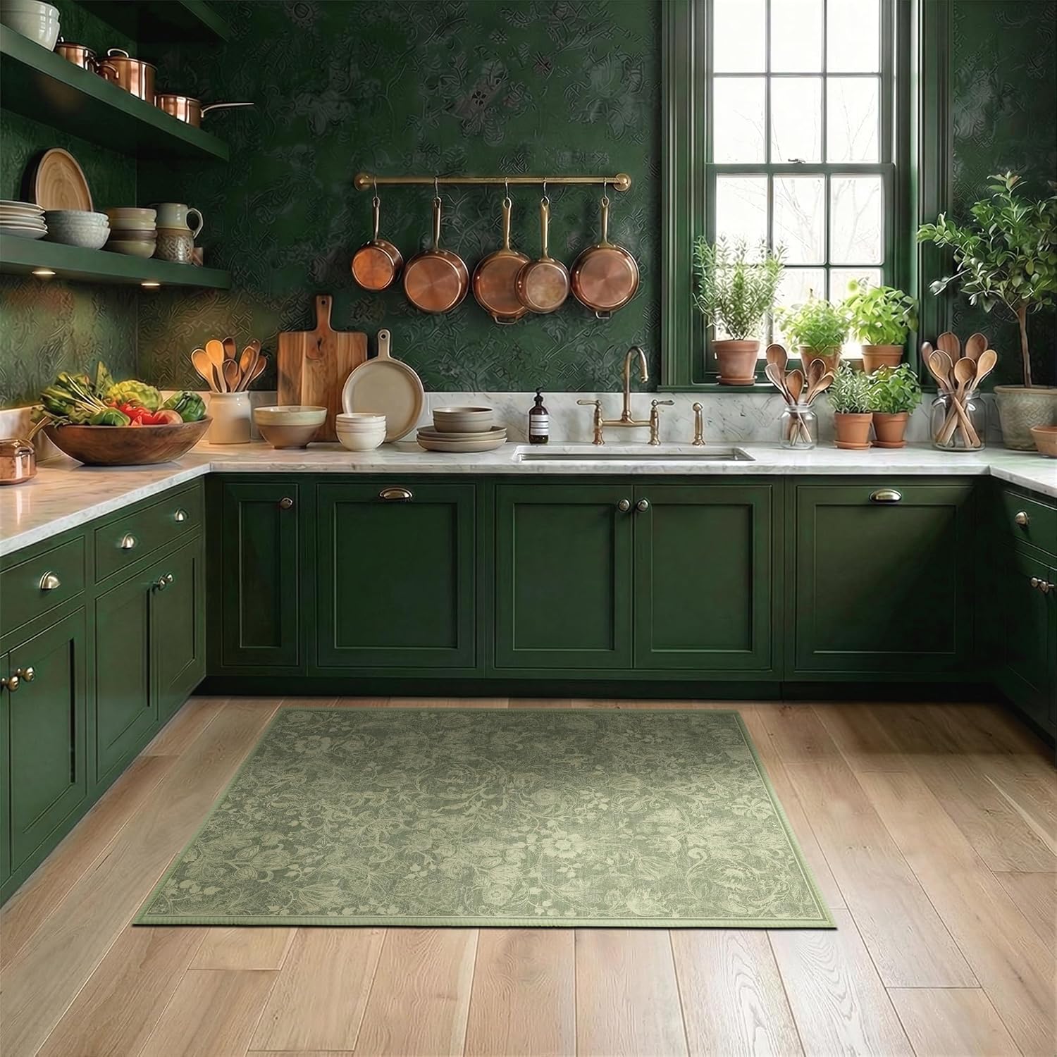 Washable Floral Area Rug 2x3, Vintage Farmhouse Botanical Rug, Non Slip Low Pile Thin Floor Soft Small Accent Rug for Entryway Bedroom Living Room Kitchen Doorway Stain Resistant Light Olive