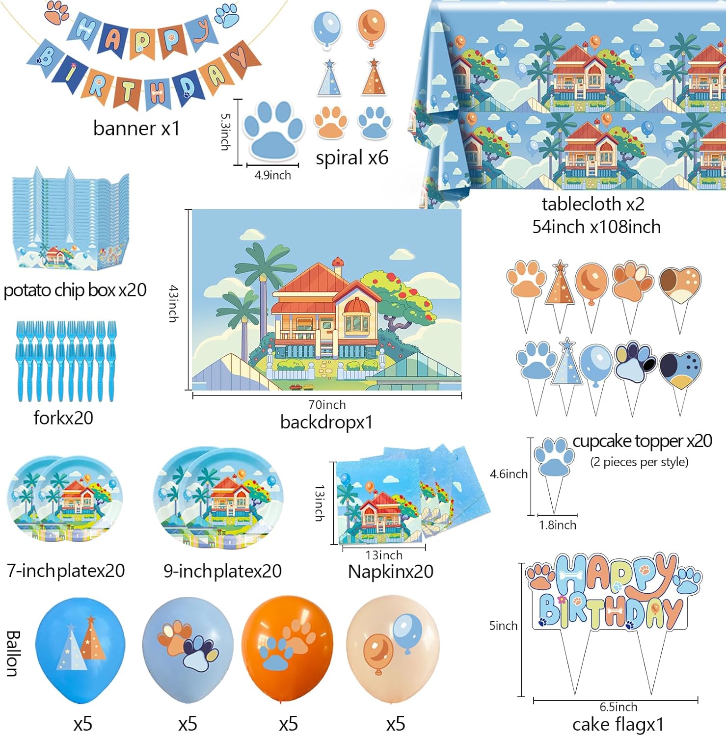 Blue Dog Birthday Decorations for 20 Guests - Blue Party Decorations, Plates and Napkins, Tablecloth, Balloons, Banner, Backdrop, Swirls, Cake Toppers, Fork & Paper Food Trays - Party Supplies