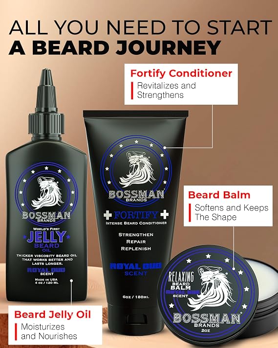 Bossman Essentials Beard Kit for Men, 3-Piece Gift Set - Hammer Scent