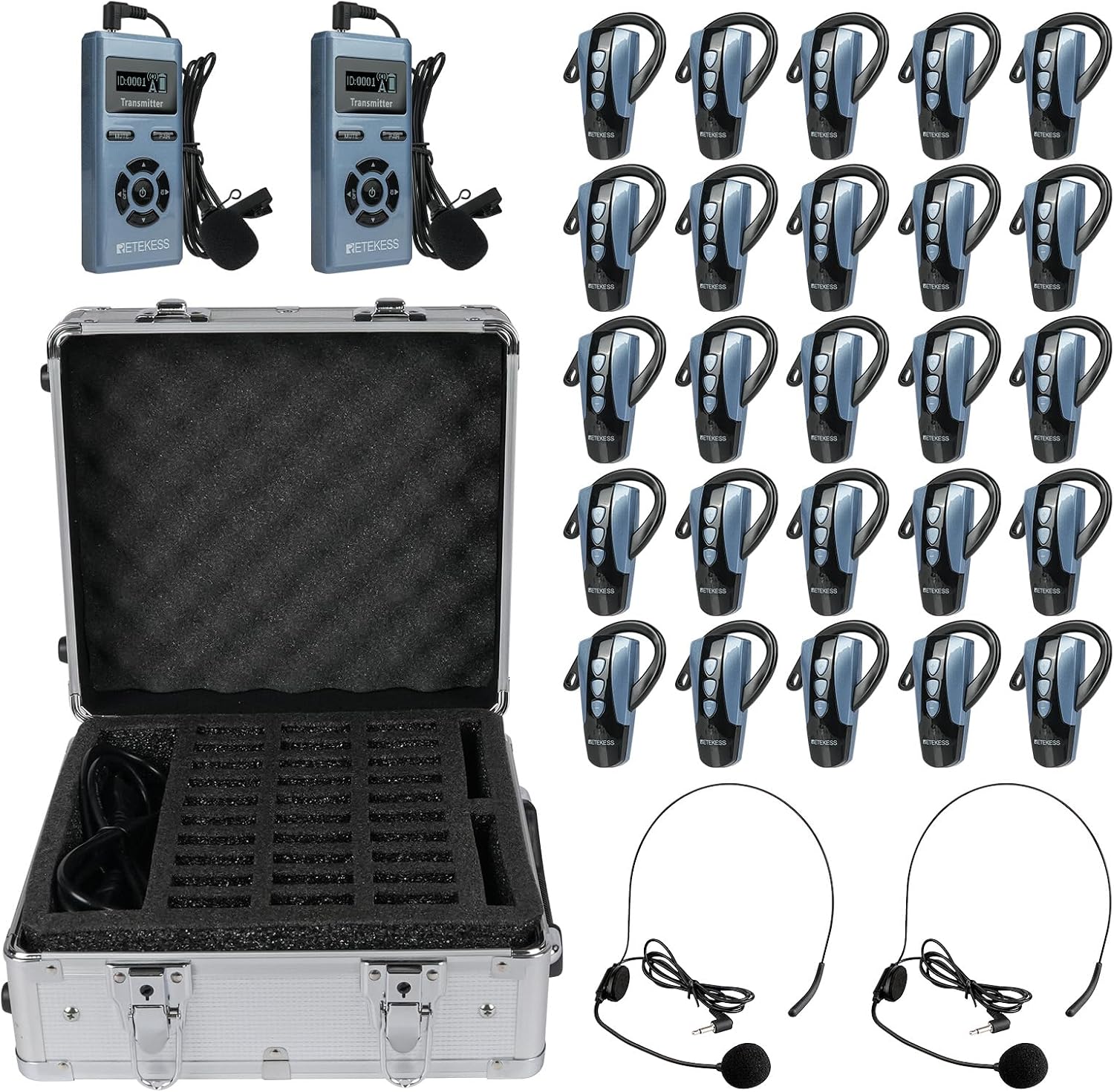 Retekess TT106S Tour Guide Headsets, Tour Guide Speaker and Microphone, Clear Sound Quality, 2.4Ghz, 200m/656ft, Ear Hook Portable Design for Factory Court School (2 Transmitters 25 Receivers)