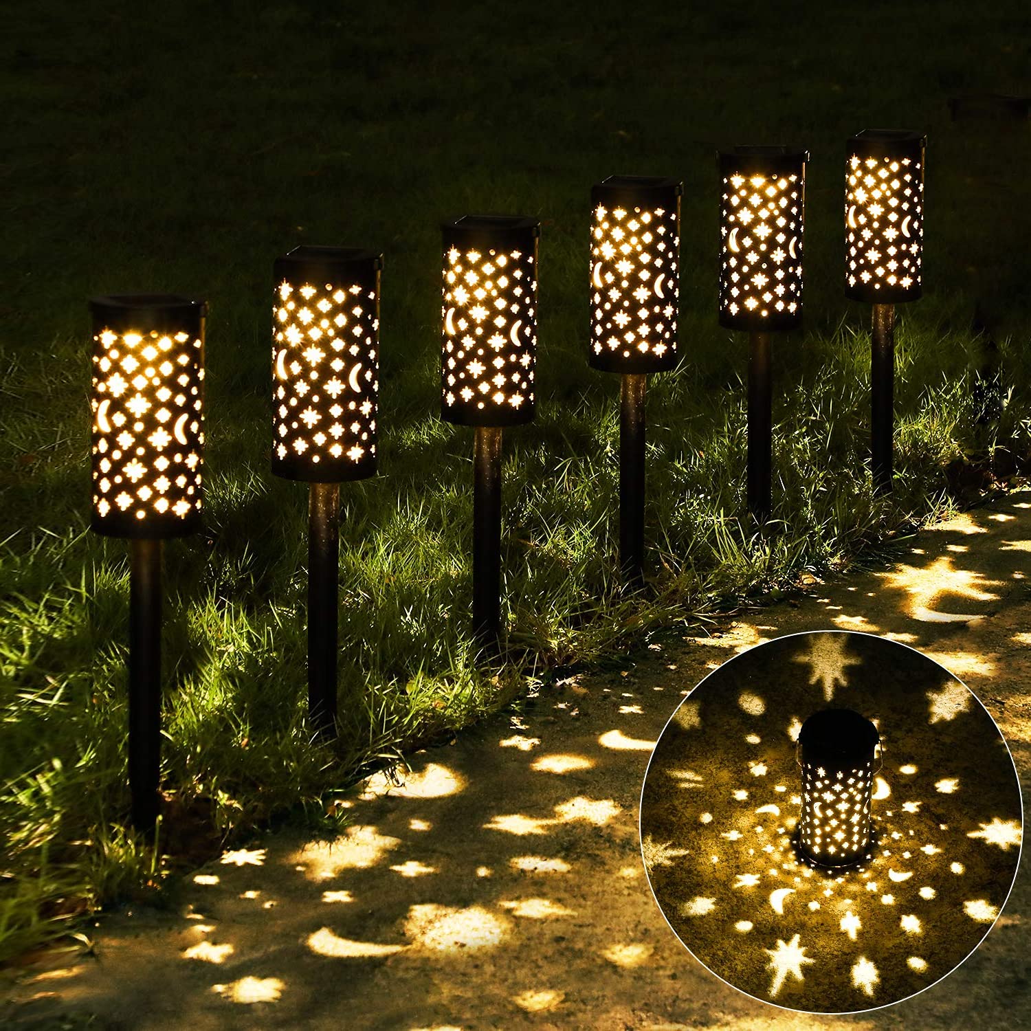 TZSSPSolar Pathway Lights Outdoor Solar Powered Garden Lights Metal Waterproof LED Path Hanging Solar Lights Star Moon Solar Landscape Lights Outdoor for Walkway, Garden, Patio, Lawn, Yard，6 Pa