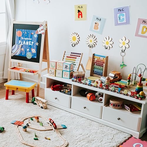 Miniatura 5 de Thyle 4 ganchos de pared de margaritas para niños, ganchos adhesivos de pared de madera, lindos ganchos de guardería para niños y niñas, baño,