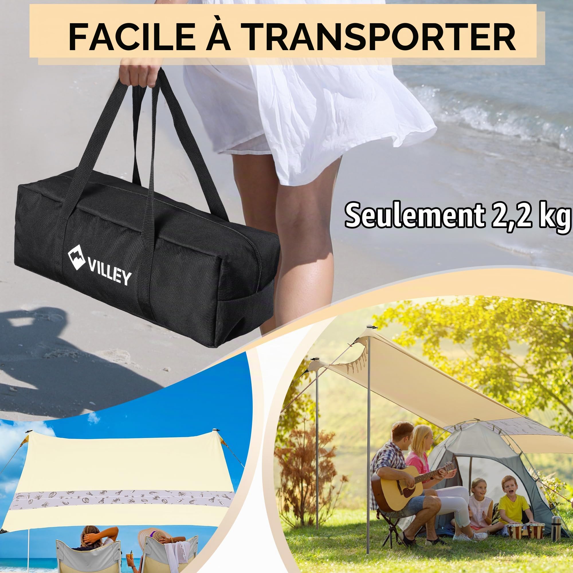 VILLEY Tente de Plage Anti-UV, UPF50+, Abris de Plage pour 3 Personnes | Lycra Tente avec 2 Pièces Poteaux en Aluminium et Sac de Sable pour Camping L'extérieur,2m x 2,4m