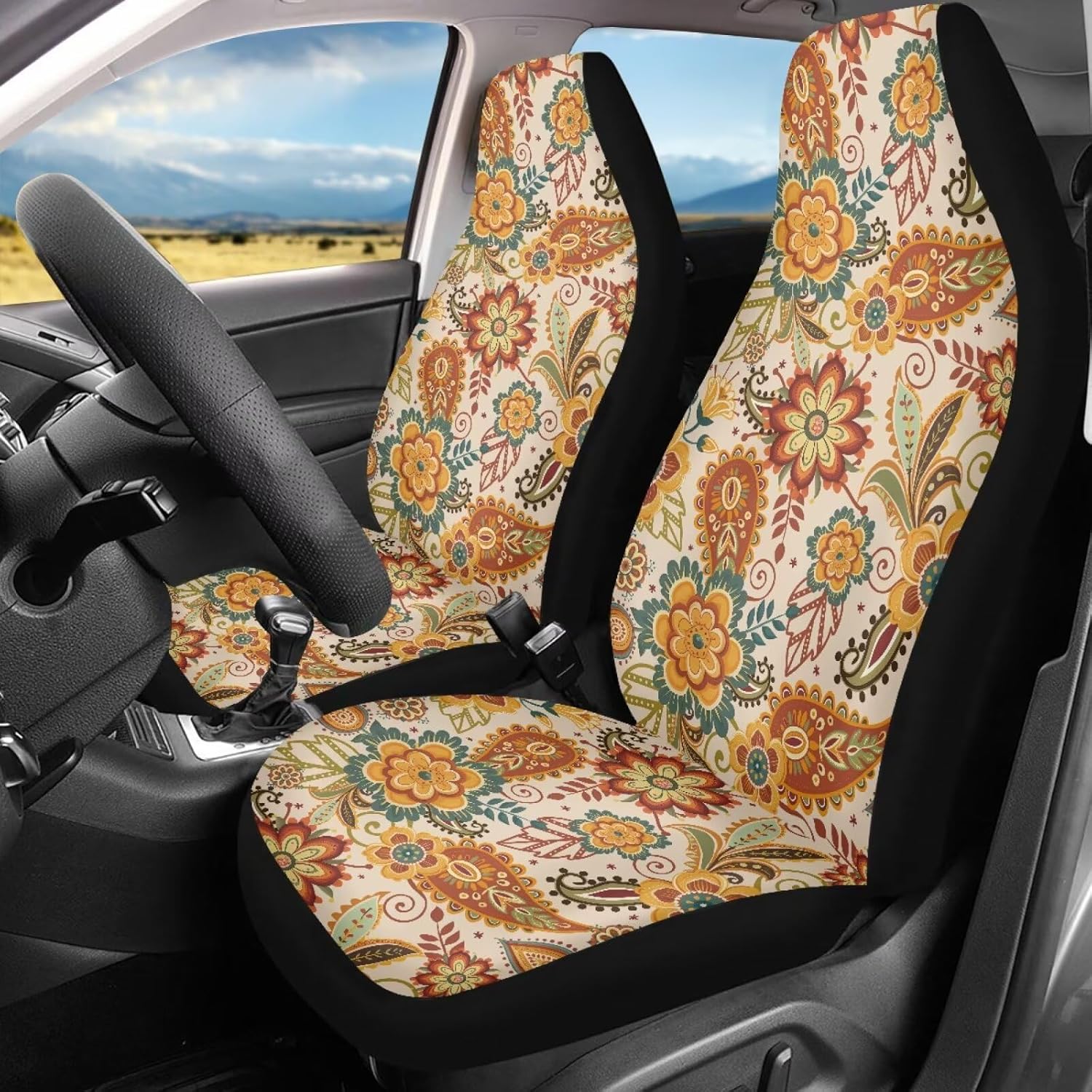Boho Car Seat Covers Breathable Car Seat Cover Vintage Floral Summer Seat Protectors for Women, 2pcs Auto Interior Accessories