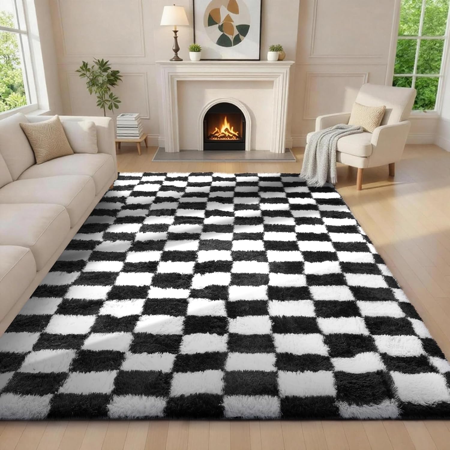 Ophanie Checkered Black & White Rug for Living Room Bedroom, Fluffy Soft Cute Fuzzy Area Rugs, Shag Plush Shaggy Bedside Floor 6x9 Furry Carpet for Kids Baby Teen Dorm Nursery Home Decor Aesthetic