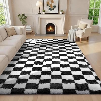 Ophanie Checkered Black & White Rug for Living Room Bedroom, Fluffy Soft Cute Fuzzy Area Rugs, Shag Plush Shaggy Bedside Floor 6x9 Furry Carpet for Kids Baby Teen Dorm Nursery Home Decor Aesthetic